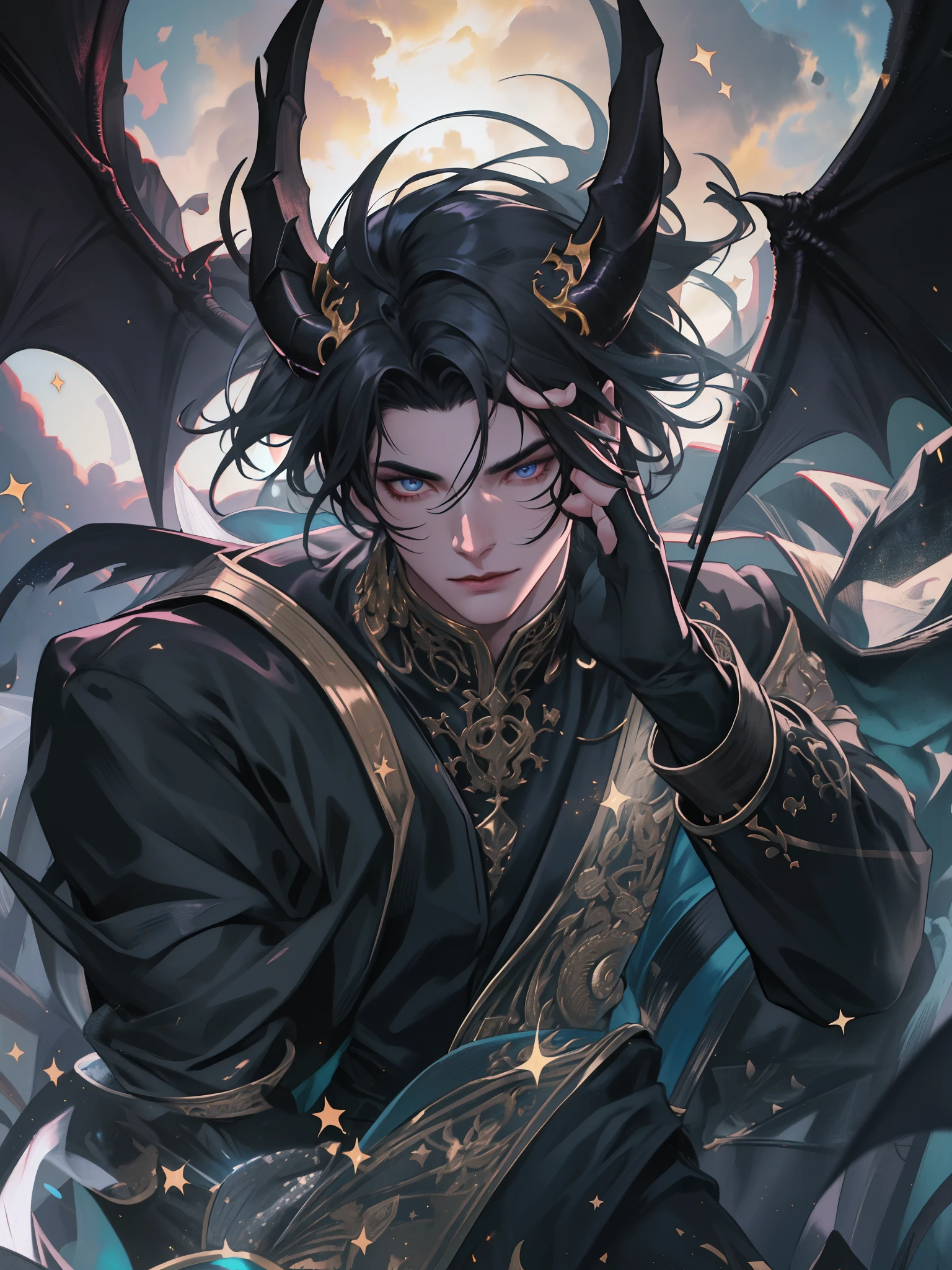 1 Male Demon Realm Supreme, quality photo,Black color hair,Masterpiece level,Picture-perfect face,Intricate details,night sky background,32K Ultra HD,Cinematic lighting,glitter effects,Handsome,with fair skin，sideface，Face portrait