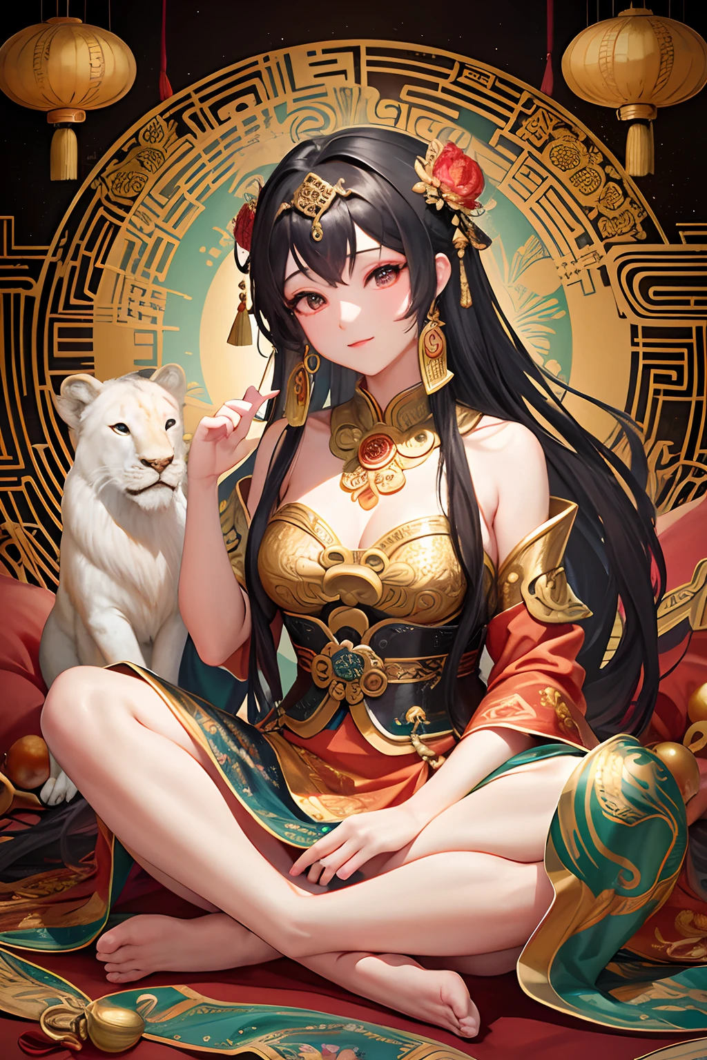 an ancient Chinese goddess, guanyin of the southern seas, Guanyin, Inspired by India, Avalokiteshvara rides a lion,,Serene expression,shui mo hua,Buddha,Buddhist,Lotus,Chinese painting style,Thangka style