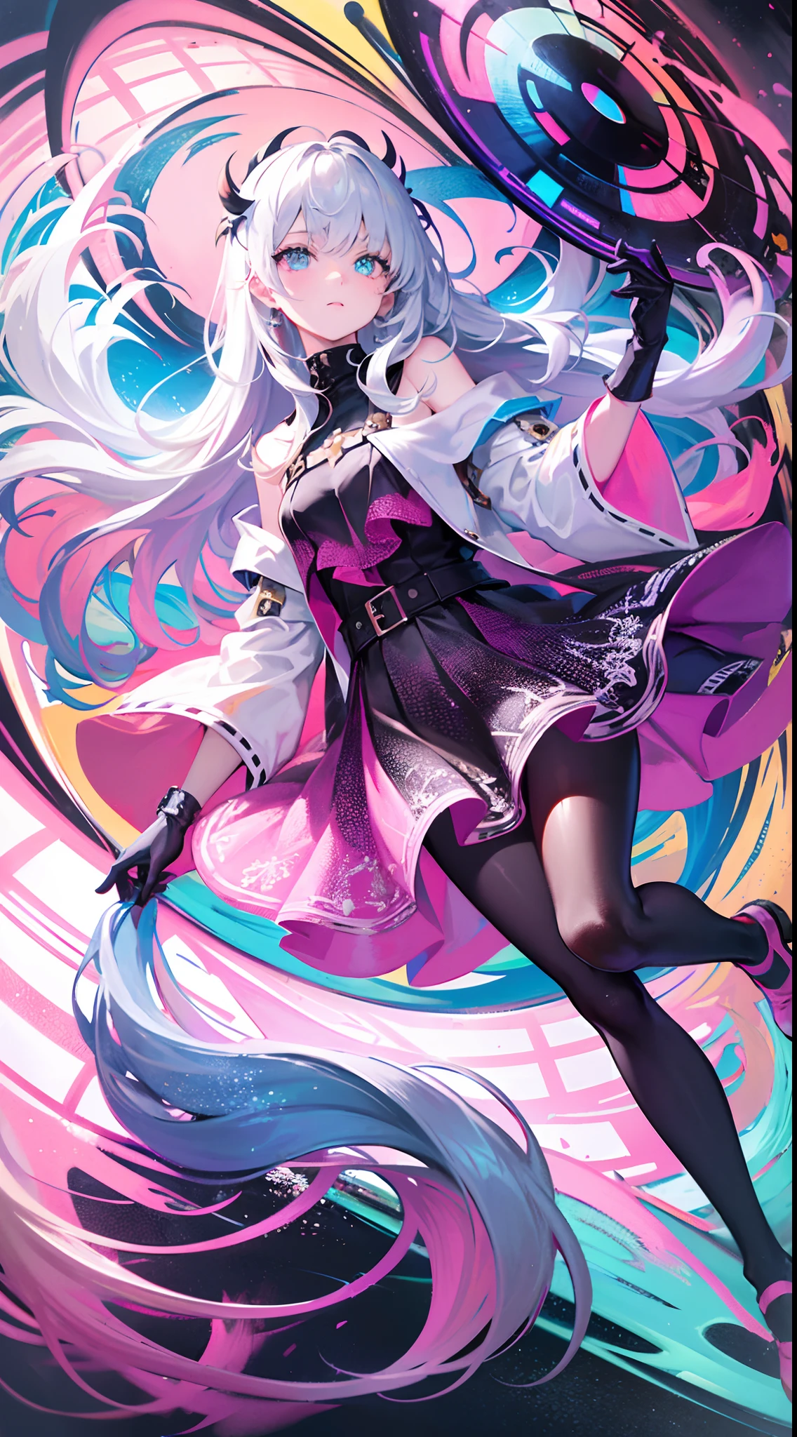 [(white background:1.5)::5], (imid shot:0.95), (full body:1.25), Dynamic angle, [Bottle bottom],(fisheye:1.4), (falt color:1.3),colorful,(masterpiece:1,2), best quality,extremely detailed cg 8k wallpaper,best quality, masterpiece, highres, original, extremely detailed wallpaper
,girl,upper body,(depth of field),(looking away), delicate eyes,(colorful hair),sea,dynamic_angle,
floating colorful wind,floating colorful fire，（black pantyhose），（white hair），witch