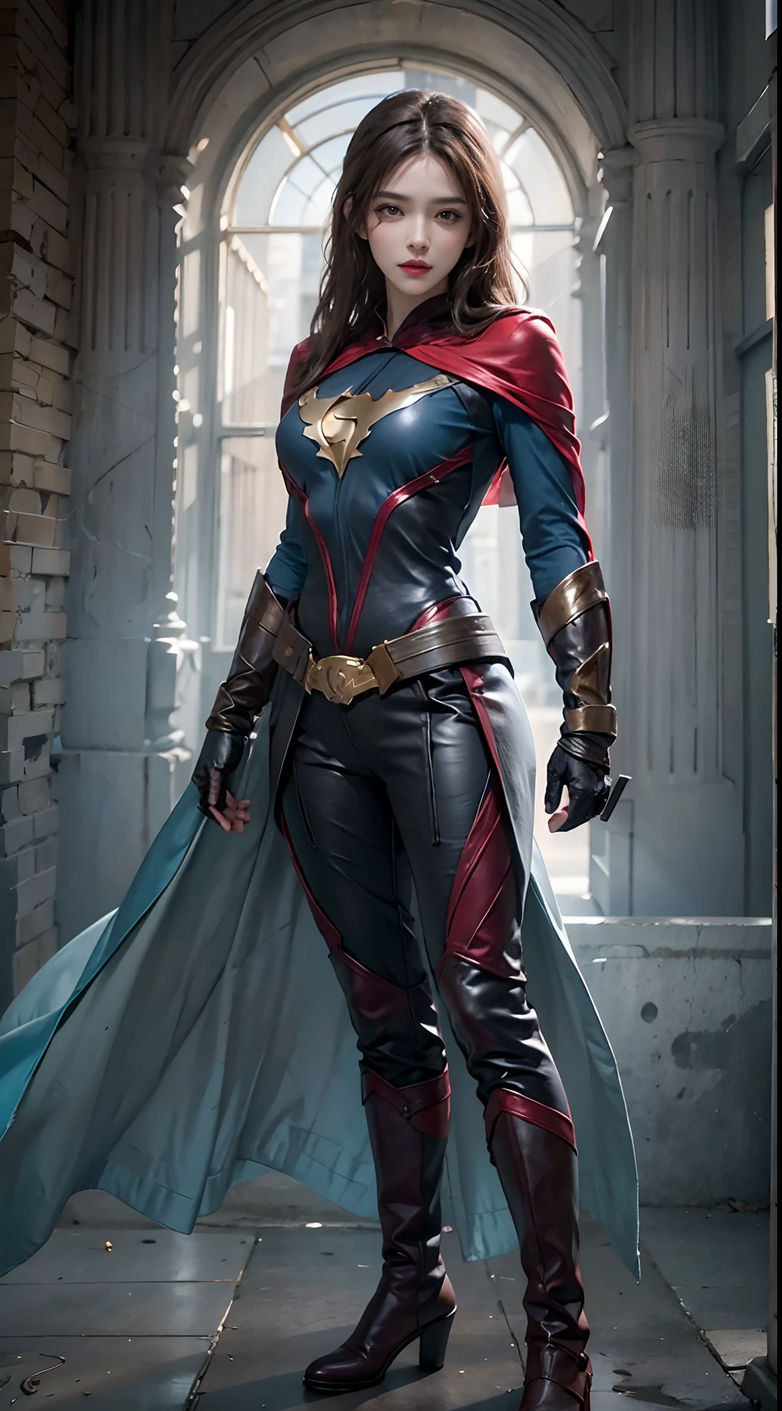 photorealistic, high resolution, 1women, solo, hips up, look at viewer, (detailed face), superhero costume, cloak