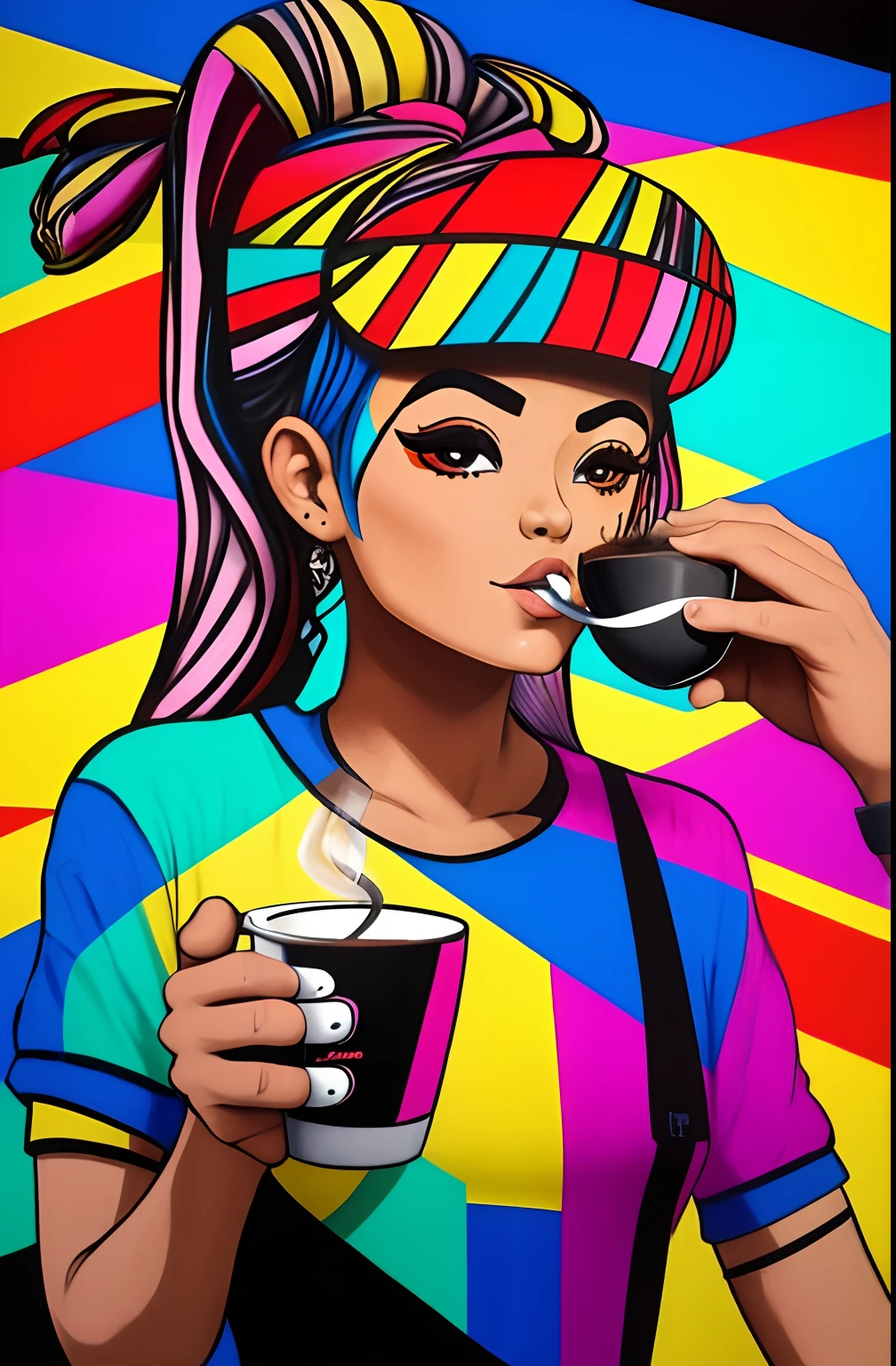 (CUP WITH COFFEE COMING OUT SMOKE WRITTEN WE COOFFE IN THE CUP ),  Eduardo Kobra ,Romero Brito,The Filling Twins ,multidimensional geometric wall PORTRAIT, arte, Chibi,
Yang08k, lindo, Colouring,
Primary works, qualidade superior, melhor qualidade, Arte Oficial, Beautiful and Aesthetic, 256k