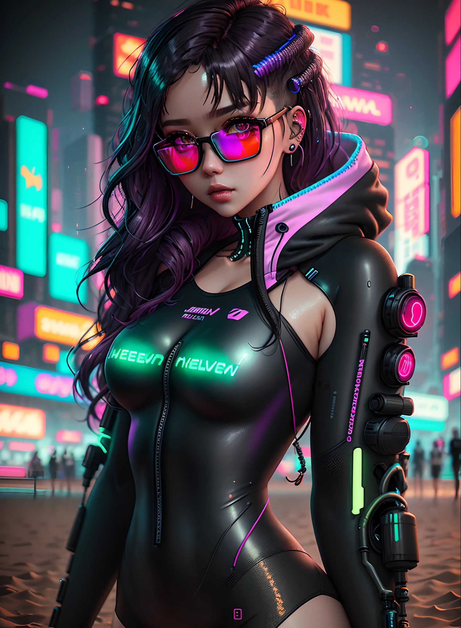 there is a woman in a wetsuit and neon glasses on the beach, cyberpunk art by Russell Dongjun Lu, trending on Artstation, digital art, glowwave girl portrait, beautiful digital artwork, stunning digital illustration, dreamy cyberpunk girl, 3 d render character art 8 k, 8k stunning artwork, cute cyborg girl, alena aenami and artgerm