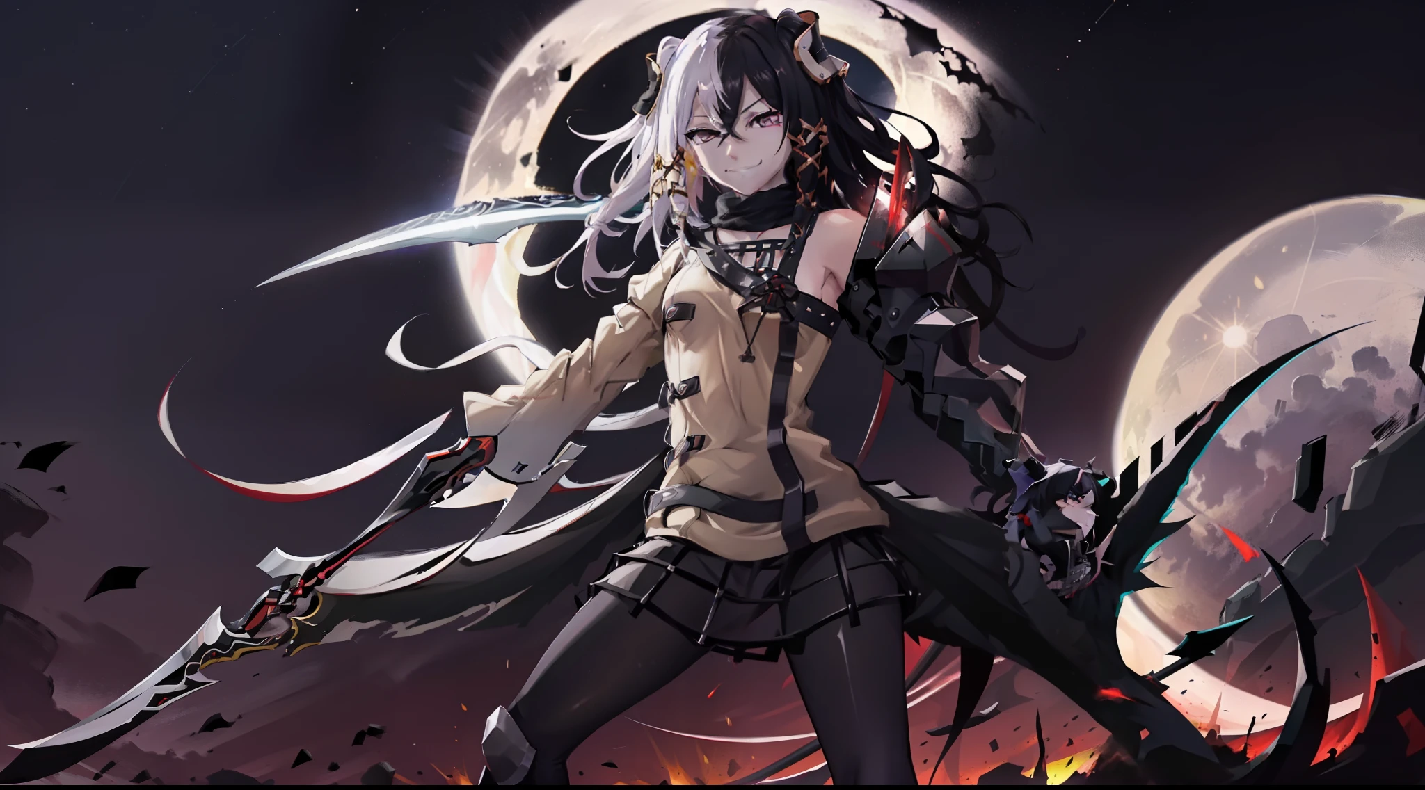 black and red scythe, holding giant black and red scythe, full scythe in picture, battle, night time, grassland, stars, outside, moon, naughty smile, domineering smile, arrogant expression, cocky attitude, masterpiece, best quality, (1girl), (1 girl)