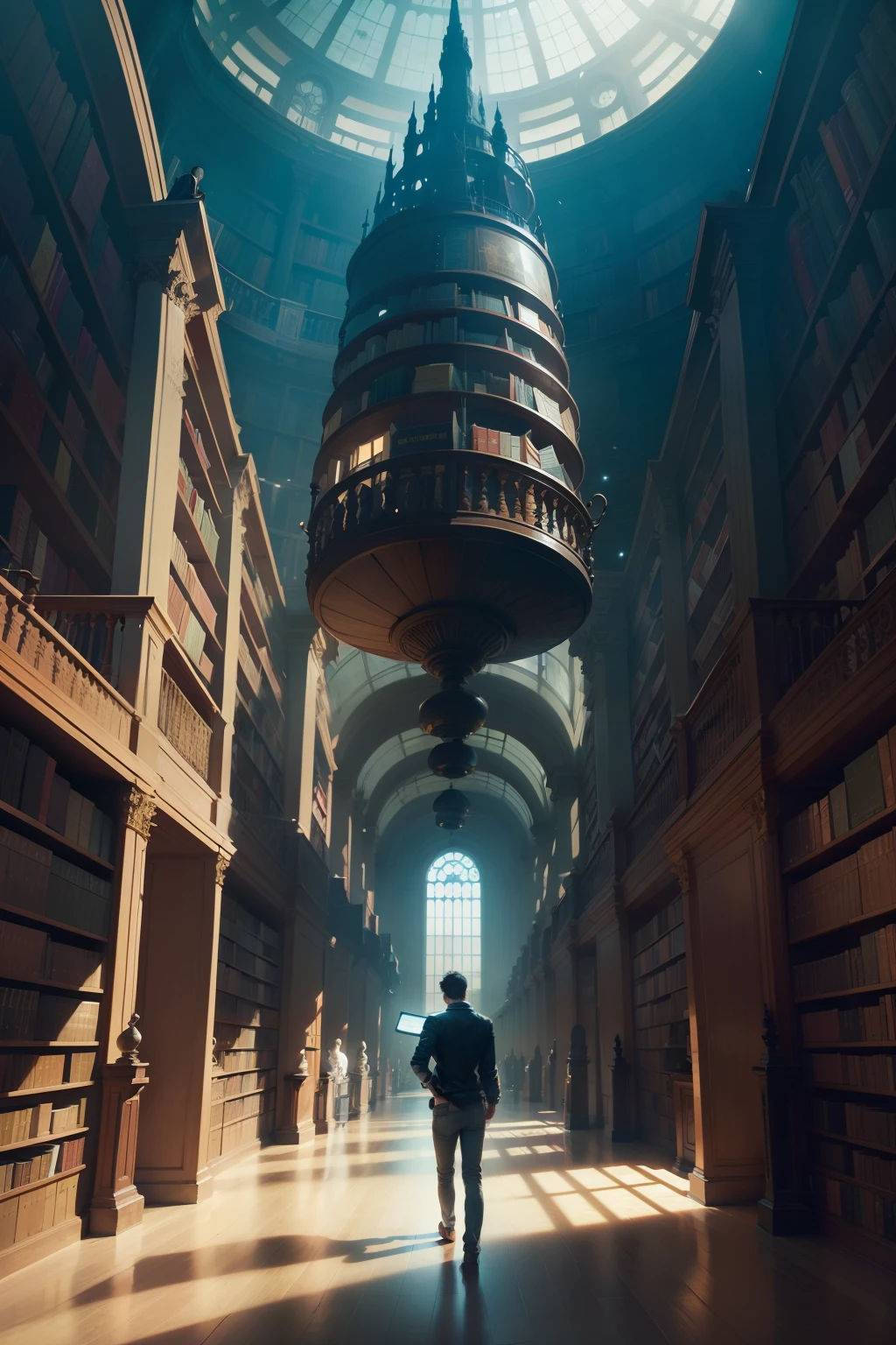 arafed image of a man standing in a library with books, endless books, borne space library artwork, books cave, fantasy book illustration, spiral shelves full of books, infinite celestial library, an eternal library, gothic epic library concept, magic library, japanese sci - fi books art, beeple and jean giraud, books all over the place
