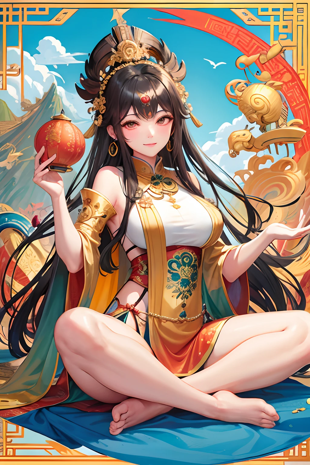 an ancient Chinese goddess, guanyin of the southern seas, Guanyin, Inspired by India, Avalokiteshvara rides an elephant,,Serene expression,shui mo hua,Buddha,Buddhist,Lotus,Chinese painting style,Thangka style