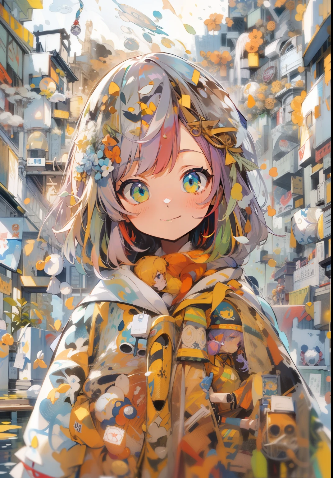 parka、super high precision、The ultra -The high-definition、Top quality CG 8k wallpapers、The best illustrations、extremely delicate and beautiful、Floating feeling、hight resolution、Dynamic angles、Dynamic Poses、1 girl in、blue eyess、hair of Multi-colors（Silver hair：1.3、red hairs：1.2、Purple hair、yellow  hair：1.3、Green hair：1.3）、White martial arts uniform、Neck ribbon、美丽的面容、splash water、云、evening、wide Shots、watercolor paiting。

（Note: this optimized prompt is displayed in Japanese、Required attributes and details、will be highlighted in the generated image.)