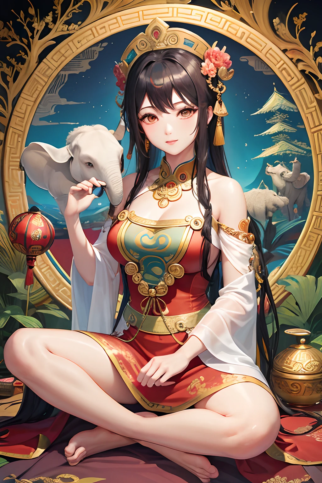an ancient Chinese goddess, guanyin of the southern seas, Guanyin, Inspired by India, Avalokiteshvara rides an elephant,,Serene expression,shui mo hua,Buddha,Buddhist,Lotus,Chinese painting style,Thangka style