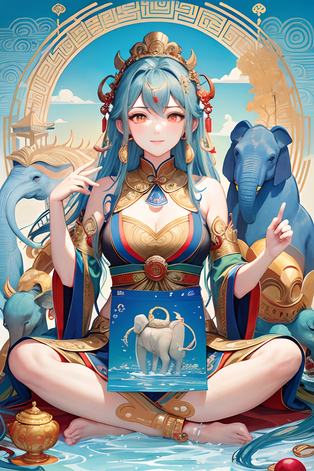 an ancient Chinese goddess, guanyin of the southern seas, Guanyin, Inspired by India, Avalokiteshvara rides an elephant,,Serene expression,shui mo hua,Buddha,Buddhist,Lotus,Chinese painting style,Thangka style