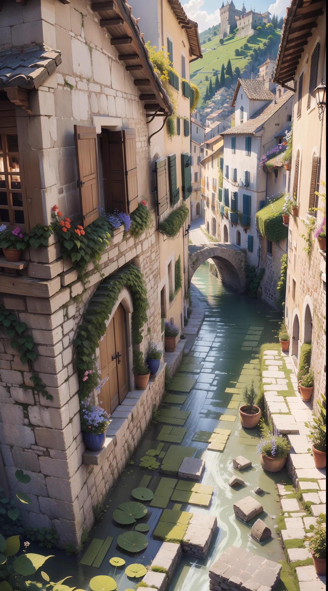Alafed Village, Village castle, imposing, a small medieval village, Italy, vila, medieval town, medieval village, Fantasy Italy, Quaint village, italian masterpiece, Medieval coastal village, medieval town landscape、cobblestone road、view from the street