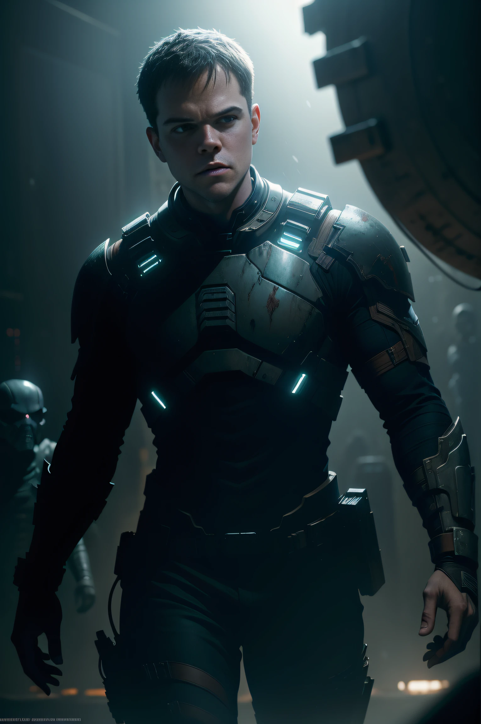 Sci Fi Horror Dead Space Matt Damon and Amy Adams on Ishimura Haunted Ship surrounded by necromorphs photography, natural light, photorealism, cinematic rendering, ray tracing, the highest quality, the highest detail, Cinematic, Third-Person View, Blur Effect, Long Exposure, 8K, Ultra-HD, Natural Lighting, Moody Lighting, Cinematic Lighting