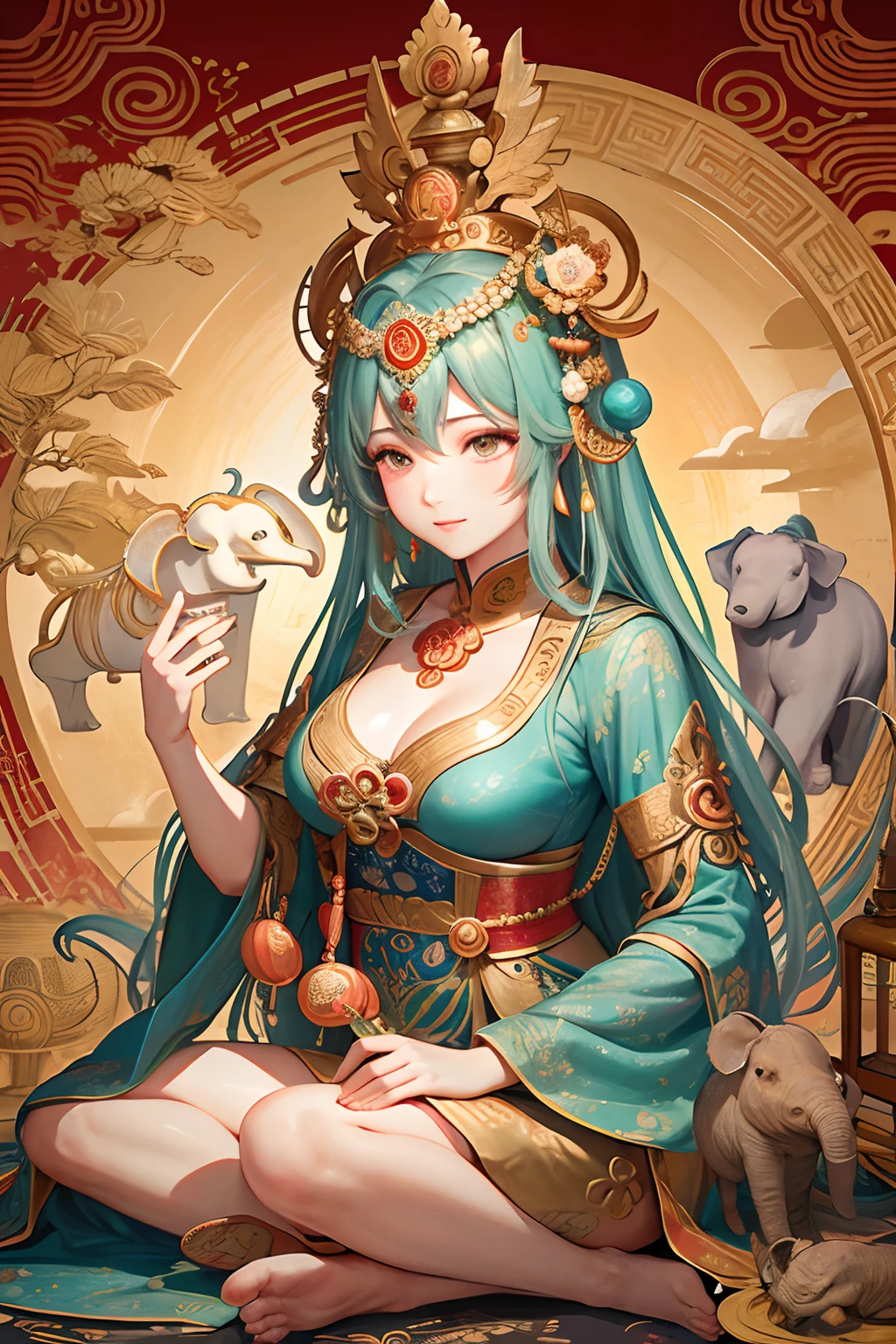an ancient Chinese goddess, guanyin of the southern seas, Guanyin, Inspired by India, Avalokiteshvara rides an elephant,,Serene expression,shui mo hua,Buddha,Buddhist,Lotus,Chinese painting style,Thangka style