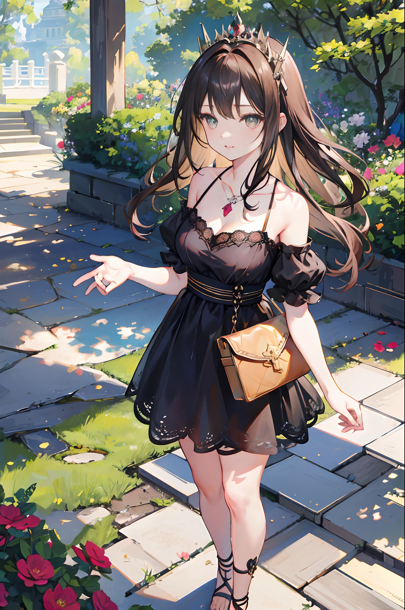 Brown-haired princess,
Works of masters,8K分辨率,depth of fields,Faraway view,Full body shot,Full Body Photo,(exquisite facial features),s the perfect face,Glowing skin,Mature beautiful girl,20yr old,Black pupils,Long brown hair,Loose hair,tiara crown,mideum breasts,c cup,exposed bare shoulders,Black low-cut dress,Lace-trimmed skirt,Wear flowers,Ruby necklace,borgar,trpical garden,in the early morning,rays of sunshine
