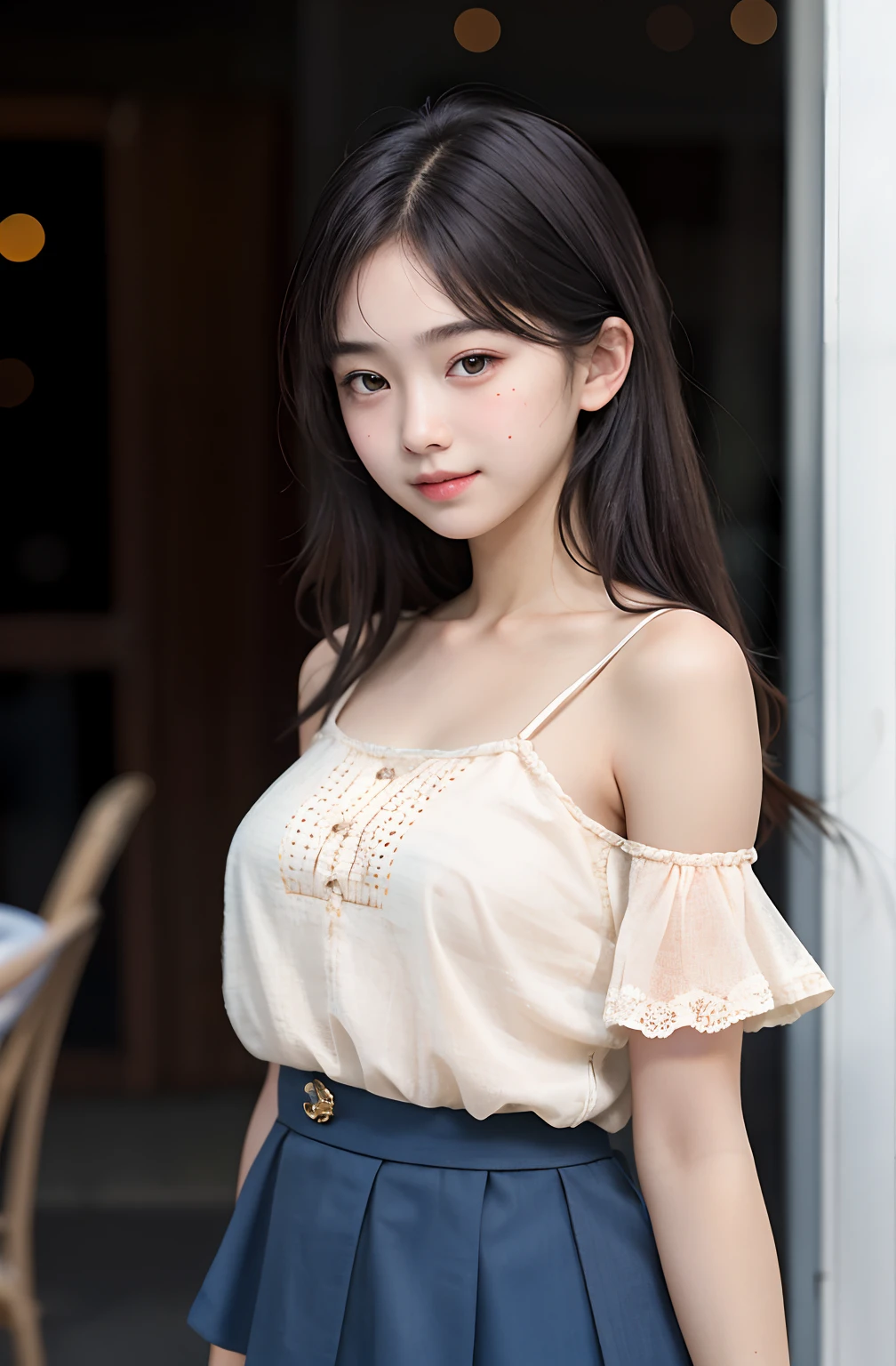 1girl, cute, , shy expression, While looking at the camera, spaghetti strap top, high waist short skirt, photo, realistic, best quality, hires, detailed face, detailed background, diffused lighting, depth of field, bokeh, blushing cheeks, side view