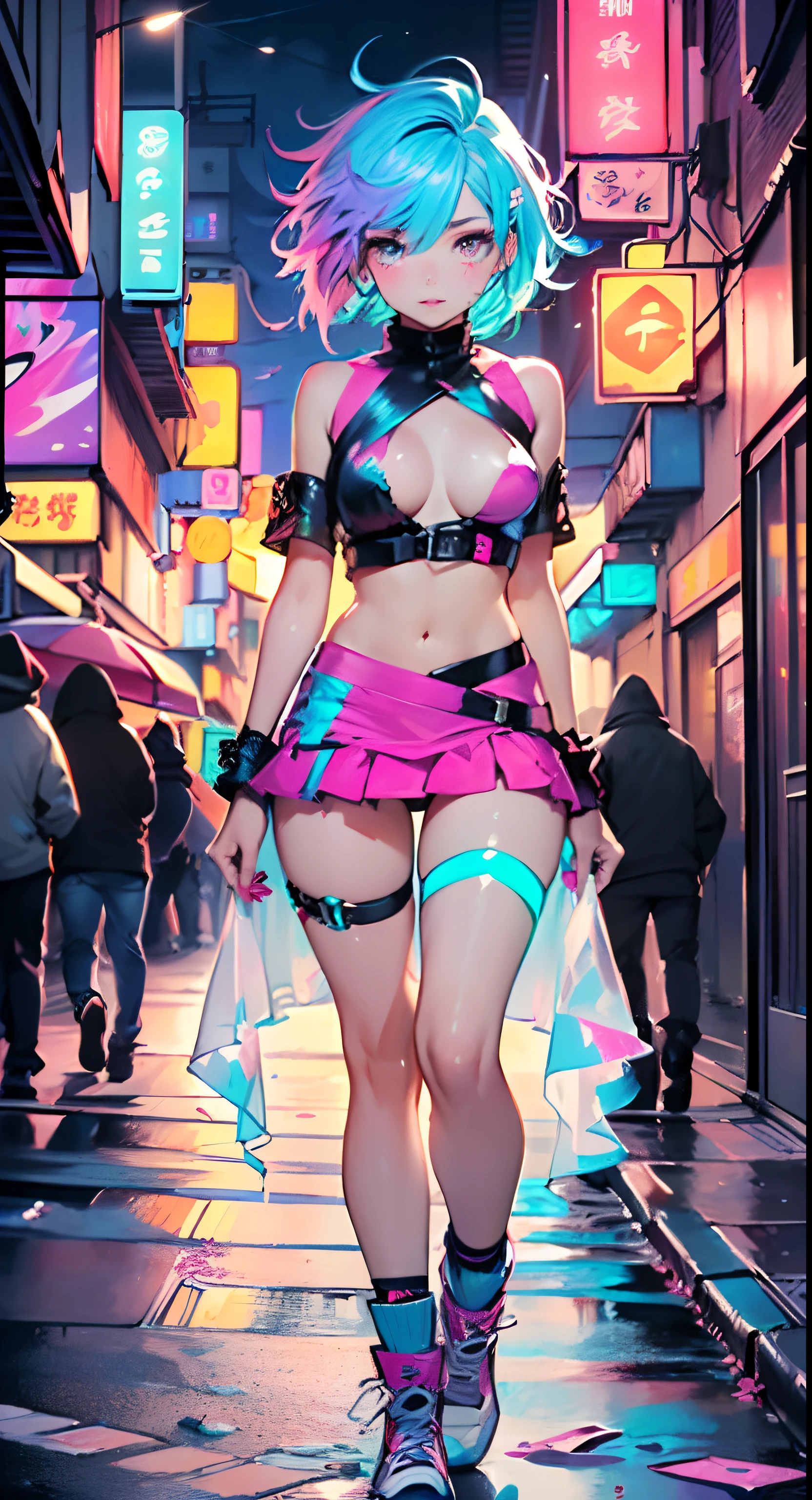 cute little cartoon ,(((little lolill tiny body,petite))),(((6 years tremely cute and beautiful liquid paint hair haired anime girl walking down the street)),
(((flat chest))),saggy breasts,short hair,(((liquid paint hair:1.1,neon purple hair|neon pink hair|neon blue hair|neon aqua hair|purple hair|fuchsia hair|fluorescent blue hair|amethyst hair|neon hair|bright pink hair :1.5,bright hair: 1.3,hair made of paint and defies gravity,thick flowing,paint splatter:1.3,shiny hair: 1.3,vibrant colored hair))),((heterochromia,eye1 purple,eye2 pink,upturned eyes:1.3,perfect eyes,beautiful detailed eyes,rainbow glows ultra-detailed deep pink purple eyes:1.1,gradient eyes:1,finely detailed beautiful eyes:1,symmetrical eyes:1,big highlight on eyes:1.2)),((fat)),(((lustrous skin:1.5,bright skin: 1.5,skin tanned,shiny skin,very shiny skin,shiny body,plastic glitter skin,exaggerated shiny skin))),(delicate detailed fingers,detailed body,detailed arms,human hands),
cute,slutty,seductive,erotic,(((nsfw))),
revealing clothing,show skin,(wearing a Neon color theme clothing:1.3,micro clothes,little clothing,fluorescent and neon clothing,rave fashion,micro crop top,micro skirt,visible thong straps,accessories LED,detailed outfit,detailed clothes),
(dynamic pose:1.0),solo focus,embarrassed,centered,scale to fit dimensions,Rule of thirds,
outdoors,((night view)),(cyberpunk night street Background: 1.5,dark sky,alleyway,lonely alley,thick clouds,detailed background:1.25),
(best quality),(high resolution),(sharp focus),(ultra detailed),(extremely detailed),(extremely high quality artwork),8k_wallpaper,(extremely detailed CG 8k),(very fine 8K CG),((hyper super ultra detailed perfect piece)),flawless,(((masterpiece))),illustration,vibrant colors,(intricate),High contrast,Selective lighting,Double exposure,HDR (High Dynamic Range),Post-processing,Background blur,