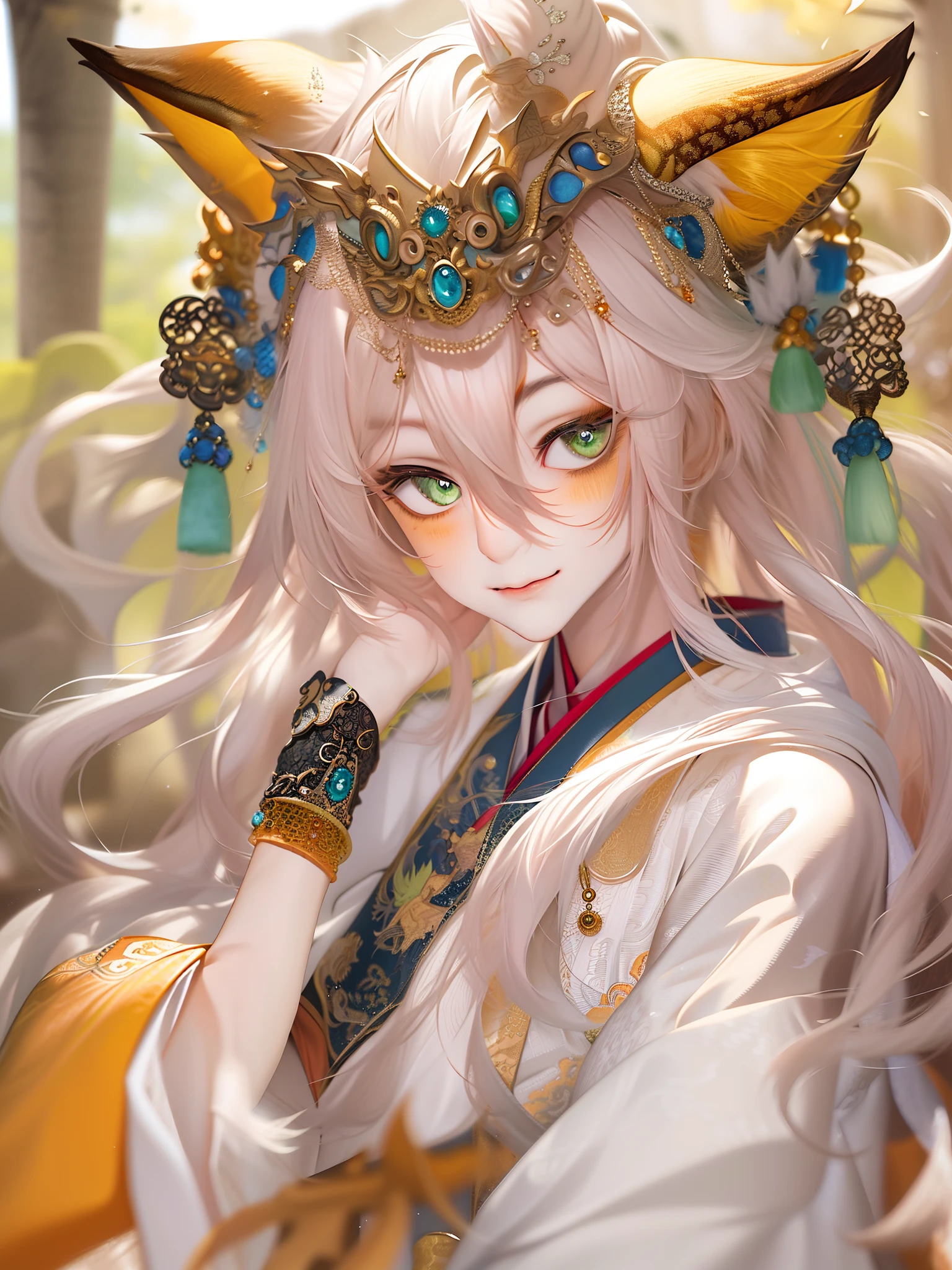 Best quality at best，tmasterpiece，very detailed wallpaper，long whitr hair，Beast pupils，Green eyes，Hide arms，bblurry，longer sleeves，blur backgroun，独奏，1boy，Orange hair，fox ear，Chinese outfit，malefocus，looking at viewert，robe，hair adornments, ssmile