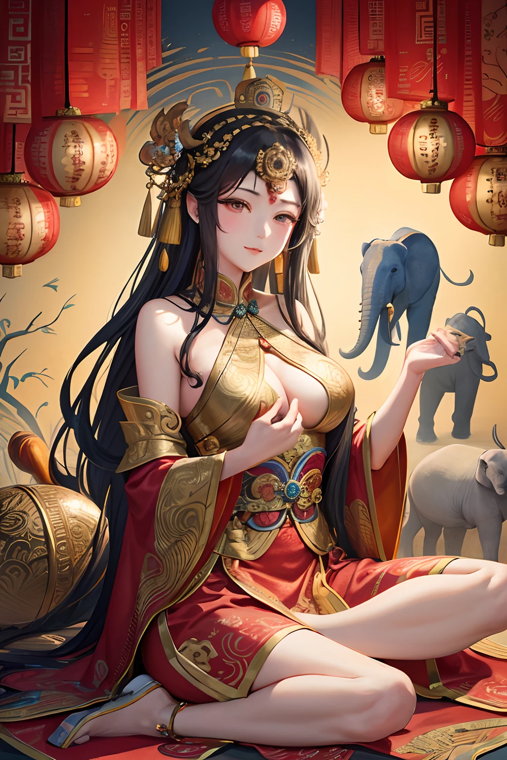an ancient Chinese goddess, guanyin of the southern seas, Guanyin, Inspired by China, Avalokiteshvara rides an elephant,,Serene expression,shui mo hua,Buddha,Buddhist,Lotus,Chinese painting style,Thangka style