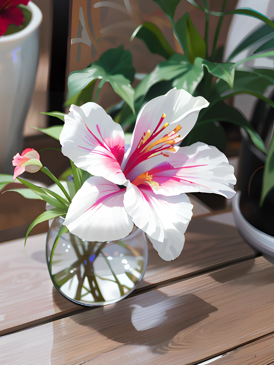 There was a white flower in the vase on the table, large exotic flowers, the lilies, the lilies, Hibiscus flower, blooming tropical flowers, shot with sony alpha 1 camera, tropical flower plants, beautiful flowers, flower, tropical flowers, beautiful tropical flowers, taken with a Sony A7R camera, Close portrait, hibiscus, Beautiful large flowers, shot on nikon z9
