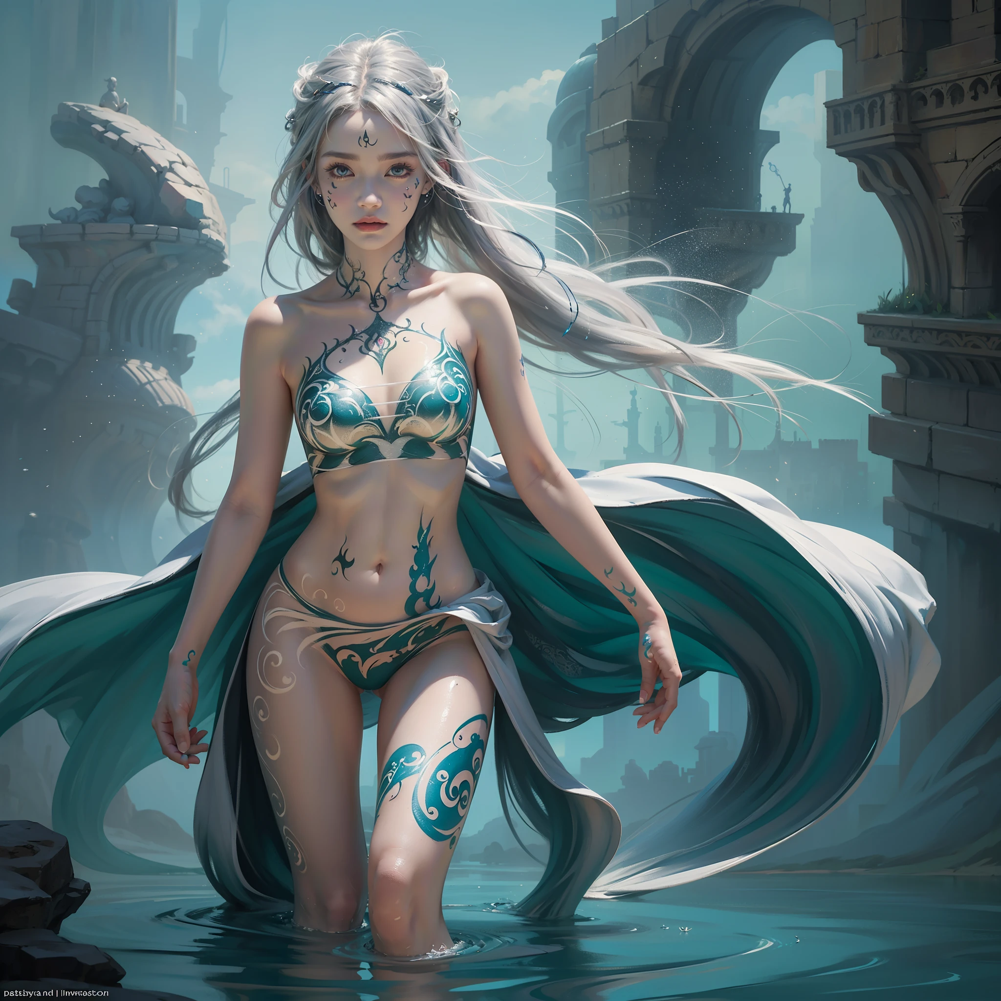 (Best quality, masterpiece, ArtStation, Fantasy Art:1.2), a castle yard, a beautiful cute girl standing in water, (long silver hair:1.1), (intricate body paint:1.35),( crop top:1.2), water particles floating around her, water powers