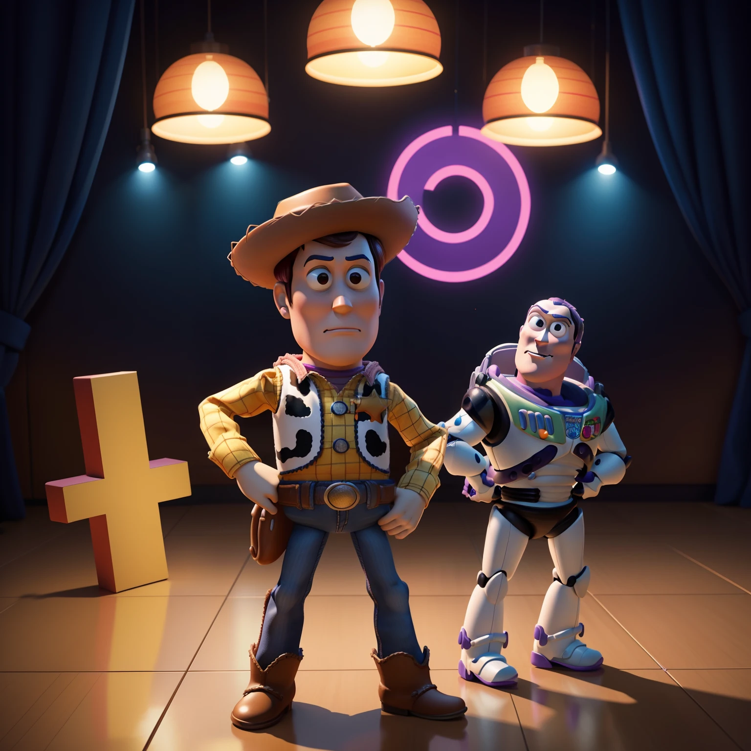 ..3d, Toy Story, Personagens, Disney, altamente detalhado, Uplighting, cinematografic, Woody, buzz lightyear