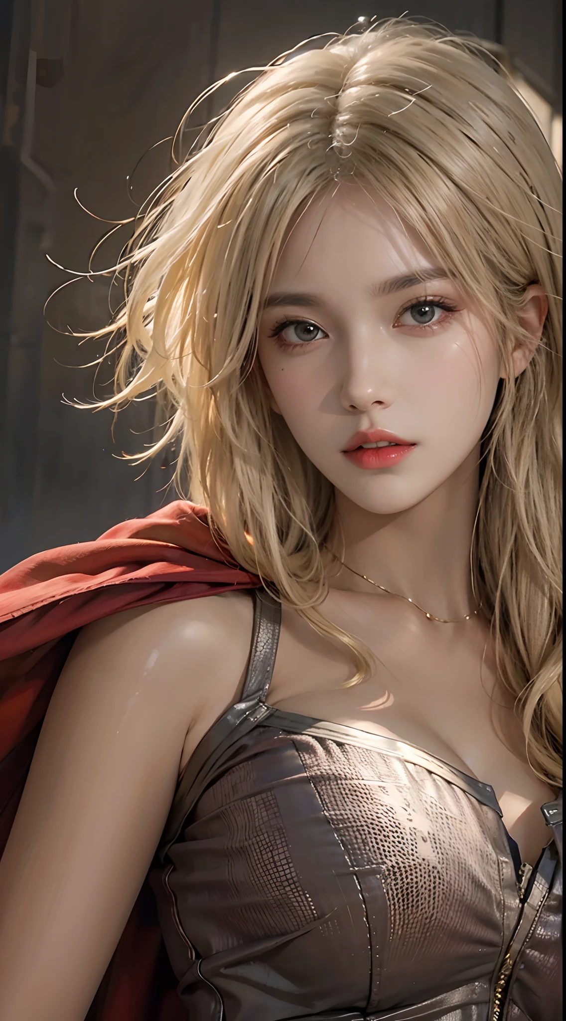 photorealistic, high resolution, 1women, solo, hips up, look at viewer, (detailed face), blonde hair, superhero costume, cloak