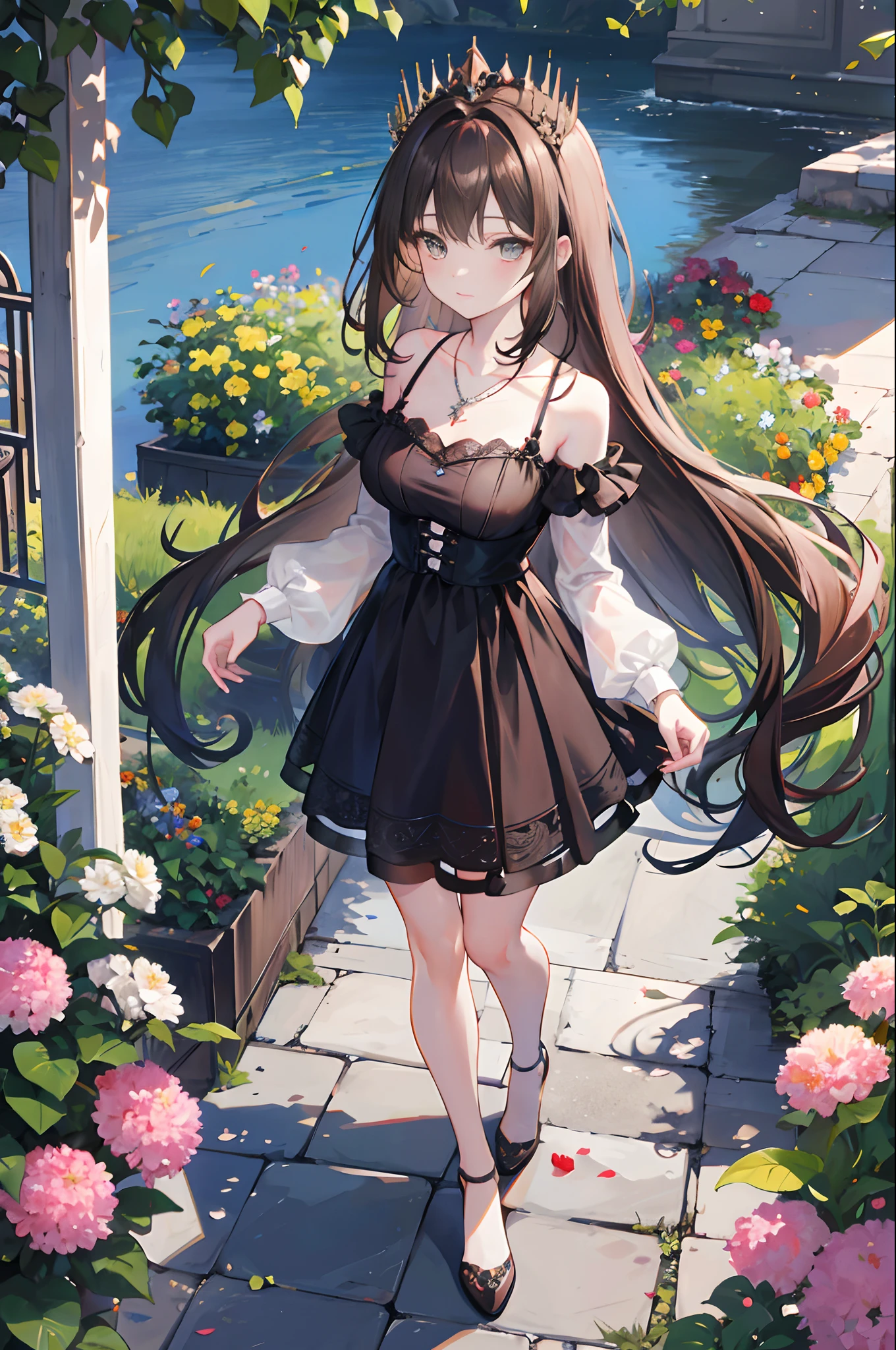Brown-haired princess,
Works of masters,8K分辨率,depth of fields,Faraway view,Full body shot,Full Body Photo,(exquisite facial features),s the perfect face,Glowing skin,Mature beautiful girl,20yr old,Black pupils,Long brown hair,Loose hair,tiara crown,mideum breasts,c cup,exposed bare shoulders,Black low-cut dress,Lace-trimmed skirt,Wear flowers,Ruby necklace,borgar,trpical garden,in the early morning,rays of sunshine