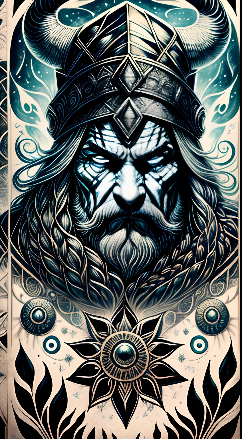 Un intenso primer plano de un mago vikingo con ojos penetrantes y brillantes, rodeado de una oscuridad de tinta. Su casco con cuernos le da una silueta imponente, mientras que su barba salvaje y fluida agrega un toque de robustez. The wizard's face has an expression of deep anger, un testimonio de su ferocidad en la batalla. The backdrop is filled with tendrils swirling with ink-like blackness., reminiscent of ancient mythological forces. The atmosphere is tense, hinting at the mythical powers surrounding the wizard. The image combines high detail and an artistic touch, creando una experiencia visual cautivadora. Ilustraciones, tinta sobre pergamino