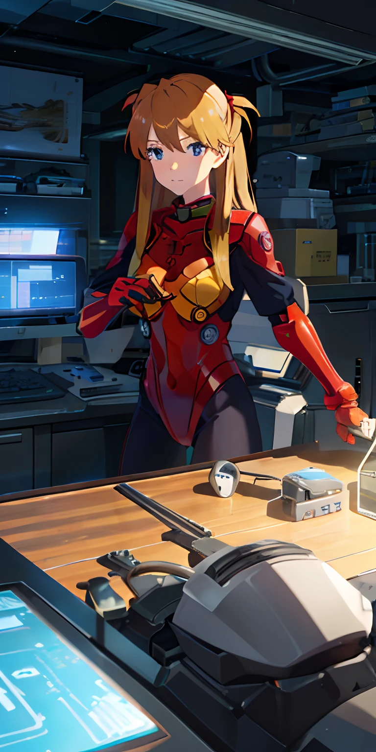 (Overhead view),dynamic angle,ultra-detailed, illustration, close-up, straight on, 1girl, 
 ((souryuu asuka langley, interface headset, red bodysuit:1.4, blonde)),Her eyes shone like dreamy stars,(glowing eyes:1.233),(beautiful and detailed eyes:1.1),(expressionless,closed mouth),(standing), 
(mechanic room with toolsand spaceship windowin a white SPACESHIP),
(night:1.2),dreamy, [[delicate fingers and hands:0.55]::0.85],(detail fingers),