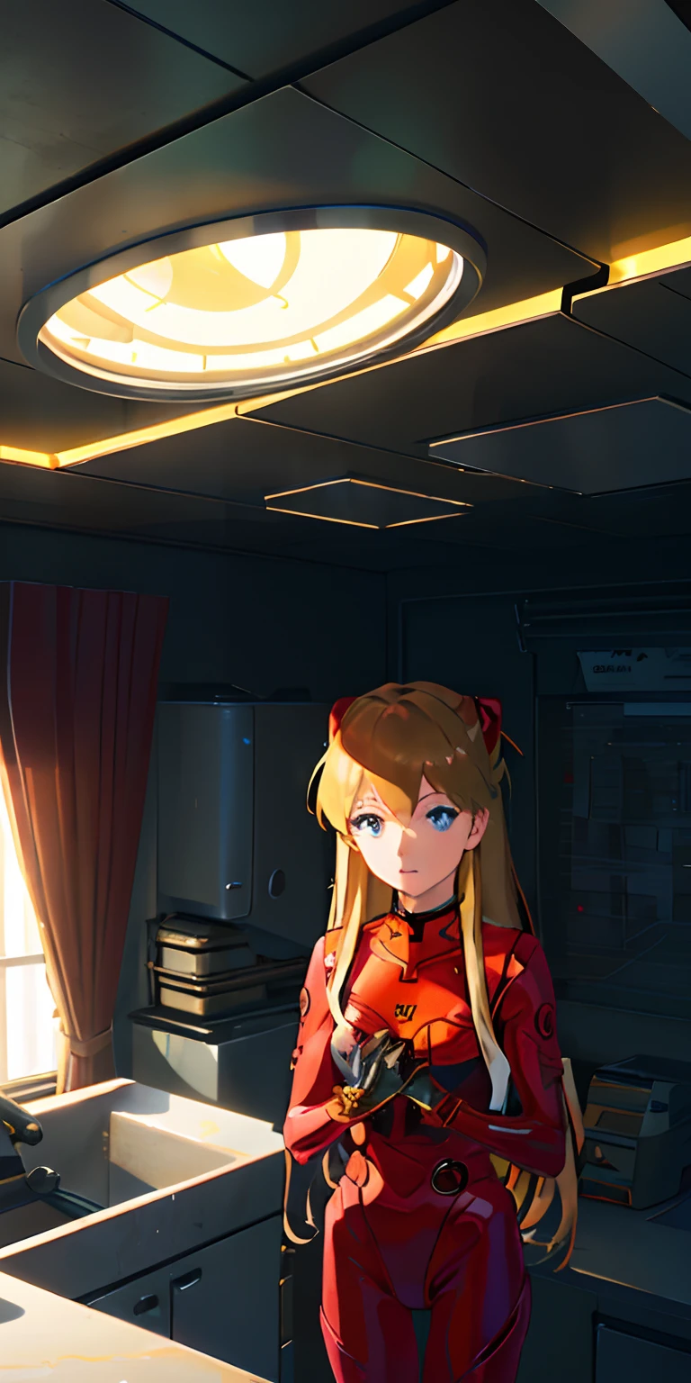 (Overhead view),dynamic angle,ultra-detailed, illustration, close-up, straight on, 1girl, 
 ((souryuu asuka langley, interface headset, red bodysuit:1.4, blonde)),Her eyes shone like dreamy stars,(glowing eyes:1.233),(beautiful and detailed eyes:1.1),(expressionless,closed mouth),(standing), 
(mechanic room with toolsand spaceship windowin a white SPACESHIP),
(night:1.2),dreamy, [[delicate fingers and hands:0.55]::0.85],(detail fingers),