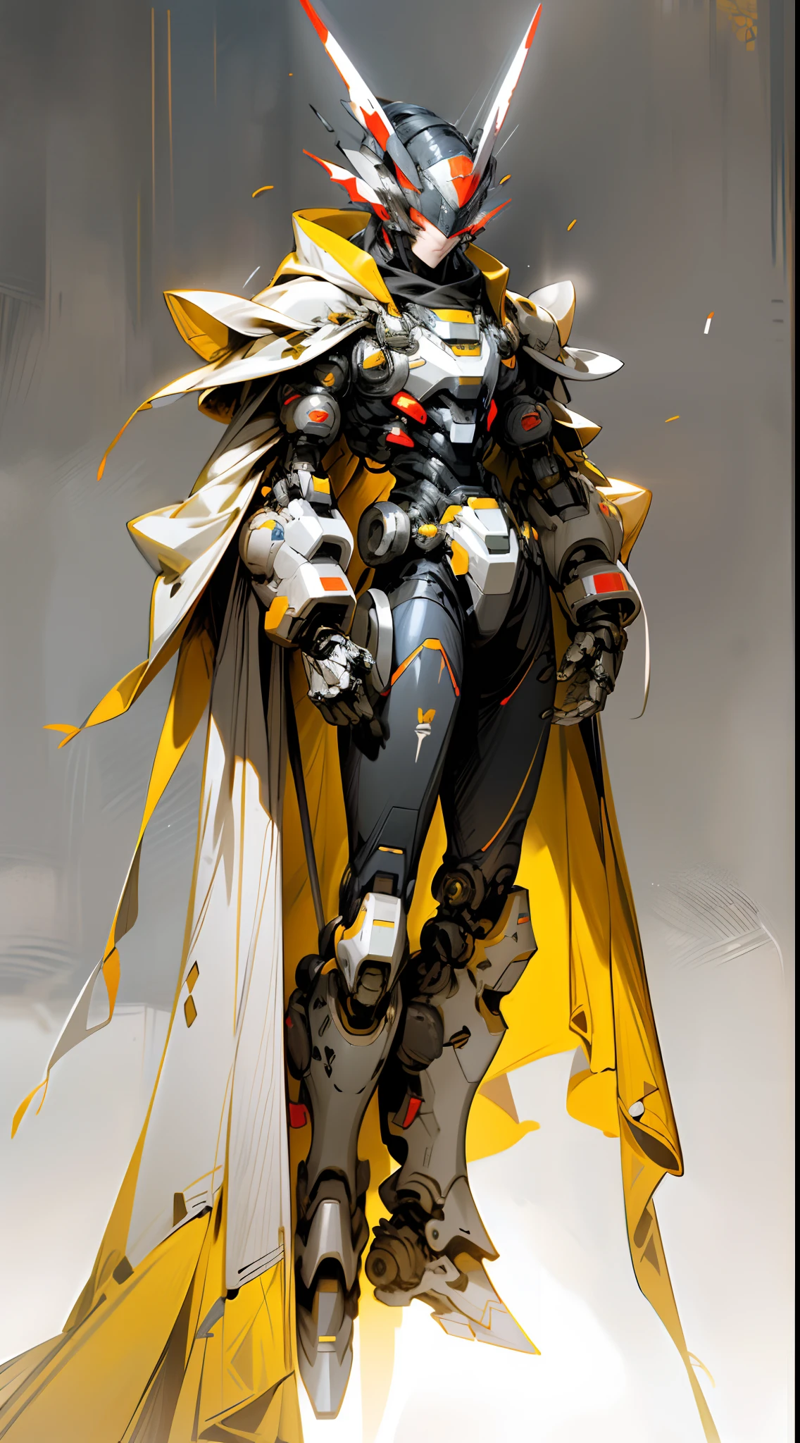 Dark_fantasy,cyber punk perssonage,(The prototype of Mega Man,Red and gray armor,Fluttering yellow cloak,shelmet,:1.1),1人,Mechanical Wonder,Robotic presence,cybernetic guardians,Boosters,whole body display