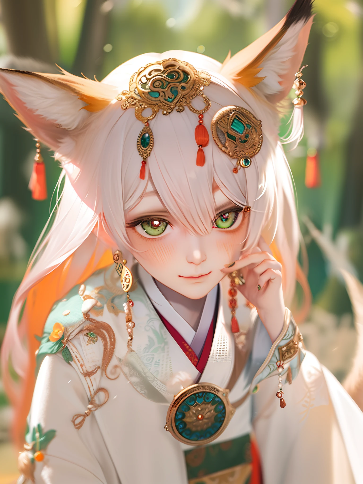 Best quality at best，tmasterpiece，very detailed wallpaper，long whitr hair，Beast pupils，Green eyes，Hide arms，bblurry，longer sleeves，blur backgroun，独奏，1boy，Orange hair，fox ear，Chinese outfit，malefocus，looking at viewert，robe，hair adornments, ssmile