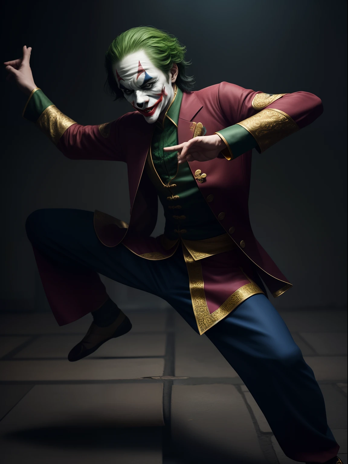 A joker as a Chinese kungfu master wearing a typical Chinese kungfu master's clothes, cinematic, extreem realistic, extreem detailed, extreem Sharp, full body shot