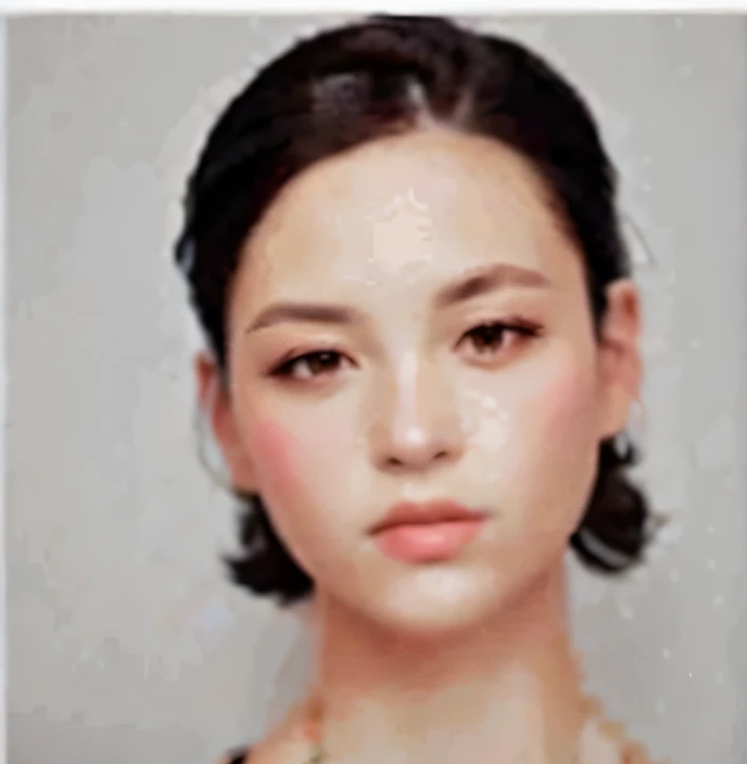 Alphad image of a woman with black hair and a white shirt, pale round face, with round face, Small round face, soft round face, porcelain highlighted skin, Soft oval face, beauty retouch, woman with porcelain skin, round cheeks, accurate ultra realistic faces, [ [ Hyperrealistic ] ], face retouch, Pale - skin