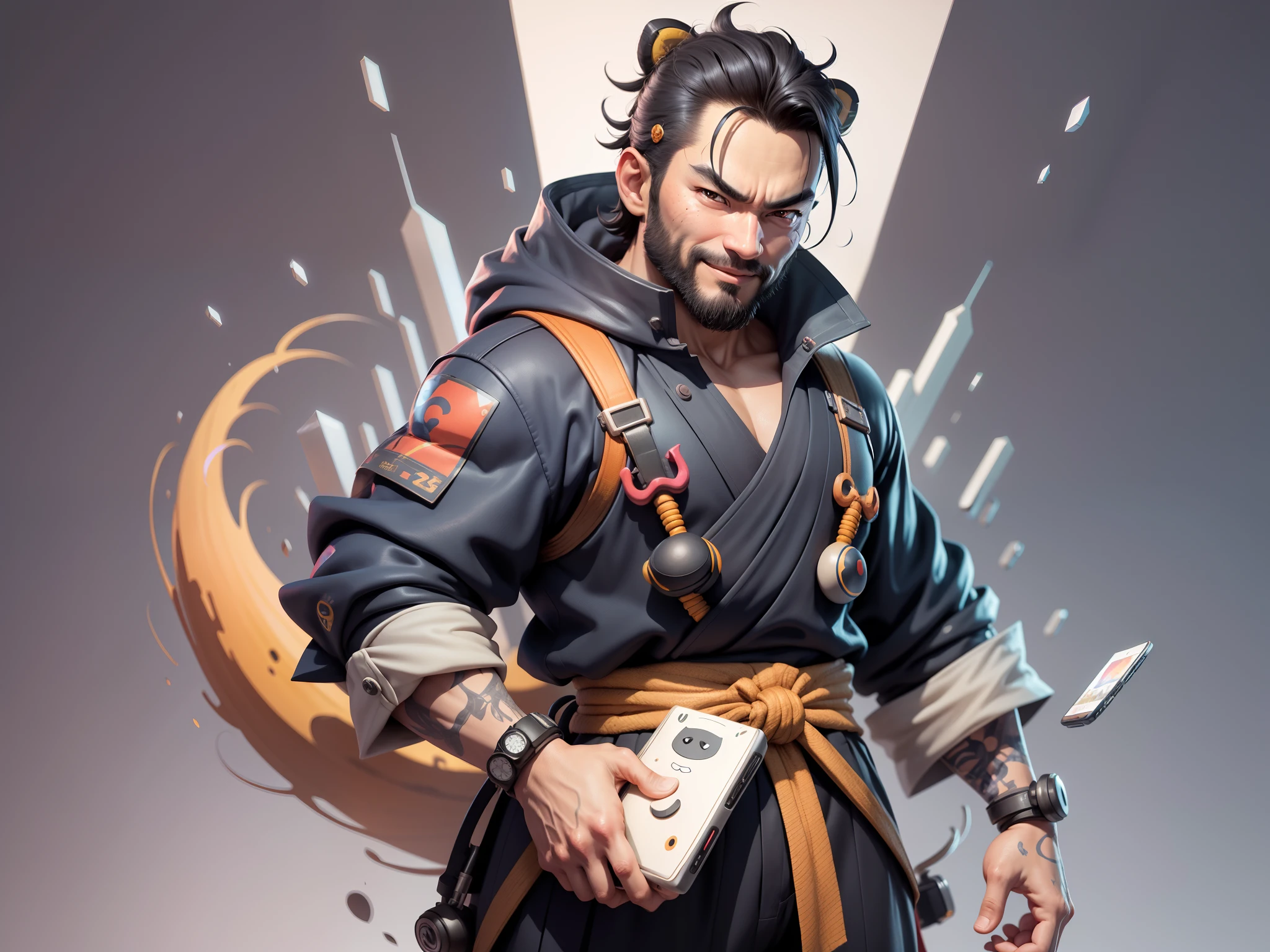 (Daisaku),(Need),(Super meticulous),(full bodyesbian:1.2),Super young man with Japanese geisha,Beautiful,orient,one tiger,Aeolian Thor,Raised sexy,爆乳,Oriental face,TV Anchor,Bust portrait illustration,In black suit,a blue tie,The face is slightly chubby,The face was clean,without a beard,Black super short hair,Black eyes,Smile confidently,3C computer sub-products,iPad, iphone,Digital painting,3D character design by Mark Clairen and Pixar and Hayao Miyazaki and Akira Toriyama,The illustration is a high-definition illustration in 4K resolution,With very detailed facial features and cartoon-style visuals。