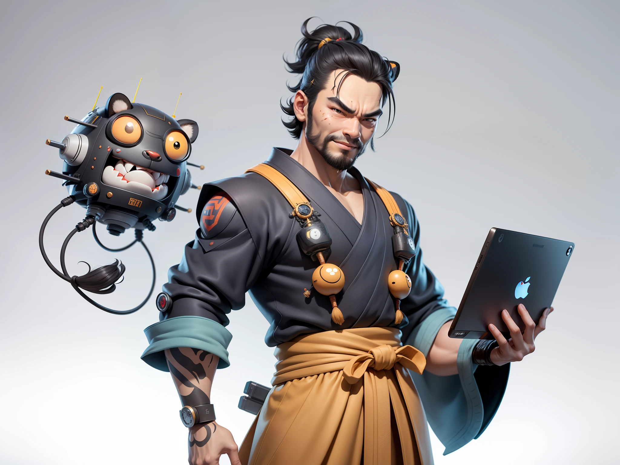 (Daisaku),(Need),(Super meticulous),(full bodyesbian:1.2),Super young man with Japanese geisha，Beautiful，orient，one tiger，Aeolian Thor，Raised sexy，爆乳，Oriental face，TV Anchor，Bust portrait illustration，In black suit，a blue tie，The face is slightly chubby，The face was clean，without a beard，Black super short hair，Black eyes，Smile confidently，3C computer sub-products，iPad， iphone，Digital painting，3D character design by Mark Clairen and Pixar and Hayao Miyazaki and Akira Toriyama，The illustration is a high-definition illustration in 4K resolution，With very detailed facial features and cartoon-style visuals。