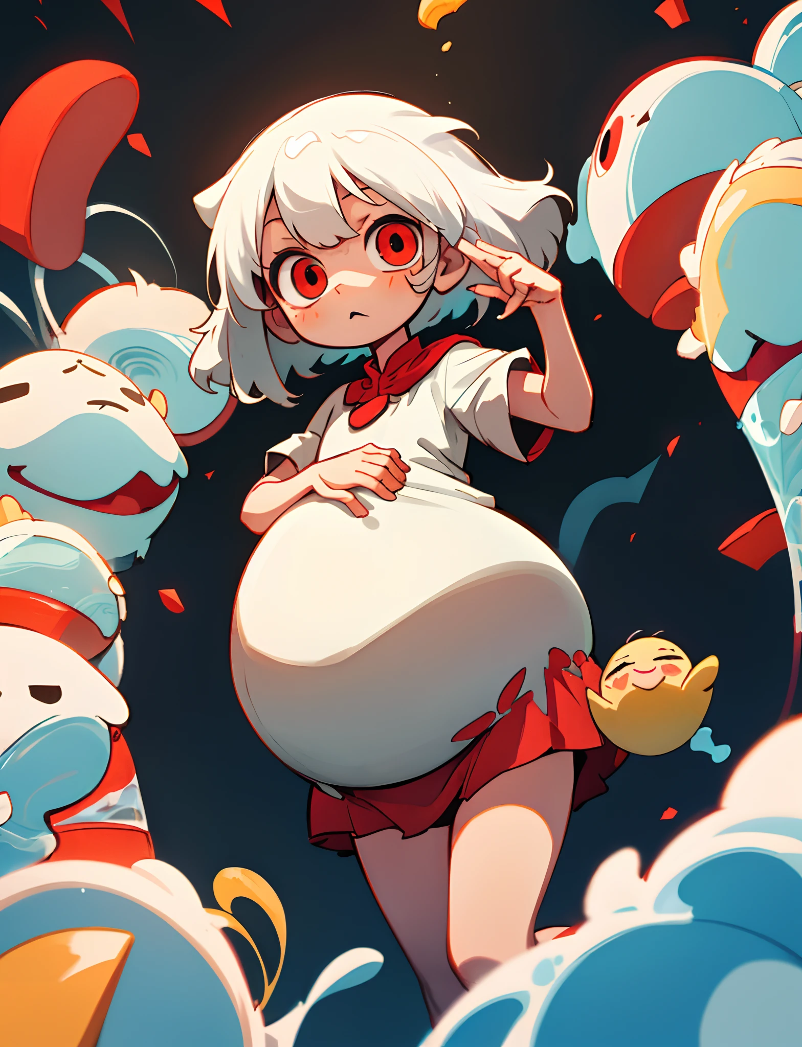 White-haired and red-eyed little loli,Hold up with a big belly,A drizzle,Cute and delicate
