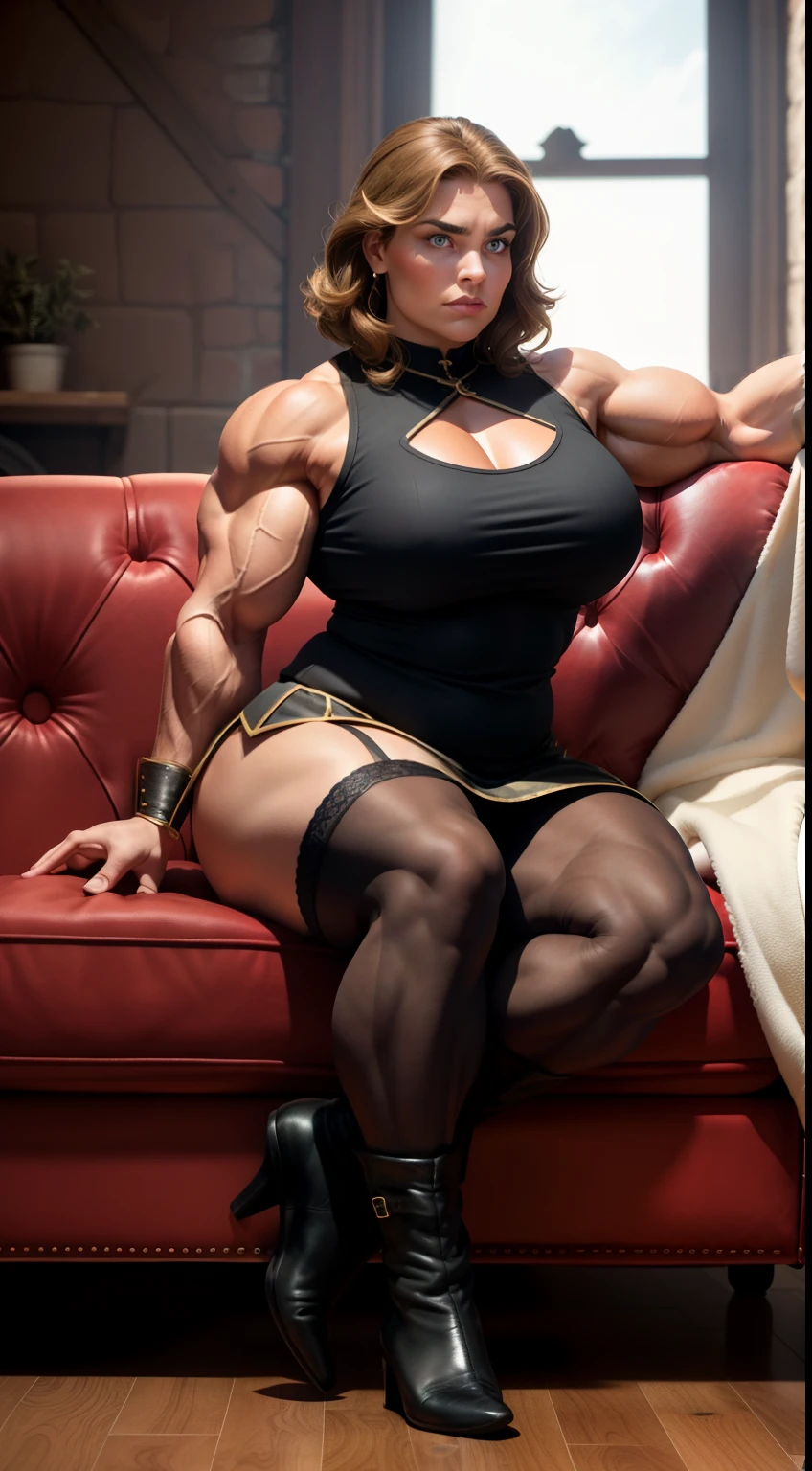 tmasterpiece，finely detailled，Burly woman，Exaggerated large muscles，Hold the whip in your right hand，black lence stockings，Pointed-toe boots, (Full body like:1.1)，sitting in the couch，Beautiful and charming female face， Single female，Very fair skin，Very broad shoulders, Strong and powerful arms，The deltoid muscles are thicker，Stout arms，Strong and powerful leg muscles，thick leg，Very thick calves，long leges，looking to the camera