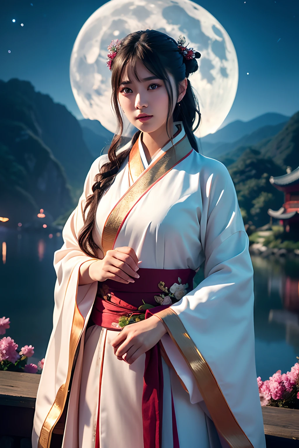 (Photo:1.2),((Photorealistic:1.4))Best quality ,Masterpiece, illustration, An extremely delicate and beautiful, Extremely detailed,CG,Unity,8K wallpaper, Amazing, finedetail, Mastery,Best quality,offcial art, Extended detailed CG unified 8k wallpaper，ultra - detailed，A high resolution，The is very detailed，Beautiful detailed girl，very detailed eyes and faces，Beautiful detailed eyes，light in face，cinmatic lighting，full bodyesbian，full body shot of,1girll,Hanfu,Outdoors,Will meet Yaotai moon，Under the moonlight，Deep blue lake