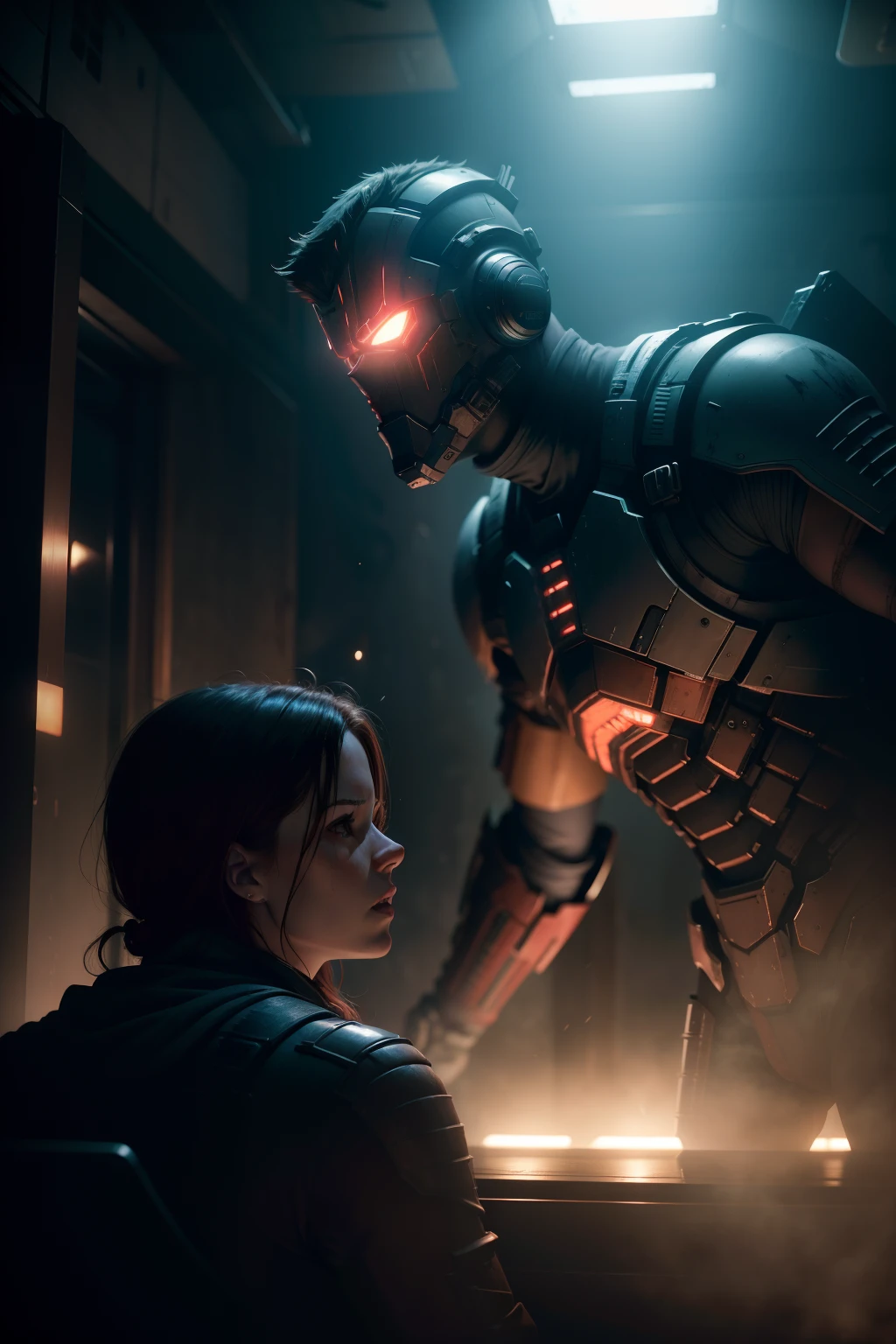 Sci Fi Horror Dead Space Matt Damon and Amy Adams on Ishimura Haunted Ship photography, natural light, photorealism, cinematic rendering, ray tracing, the highest quality, the highest detail, Cinematic, Third-Person View, Blur Effect, Long Exposure, 8K, Ultra-HD, Natural Lighting, Moody Lighting, Cinematic Lighting red spooky lighting