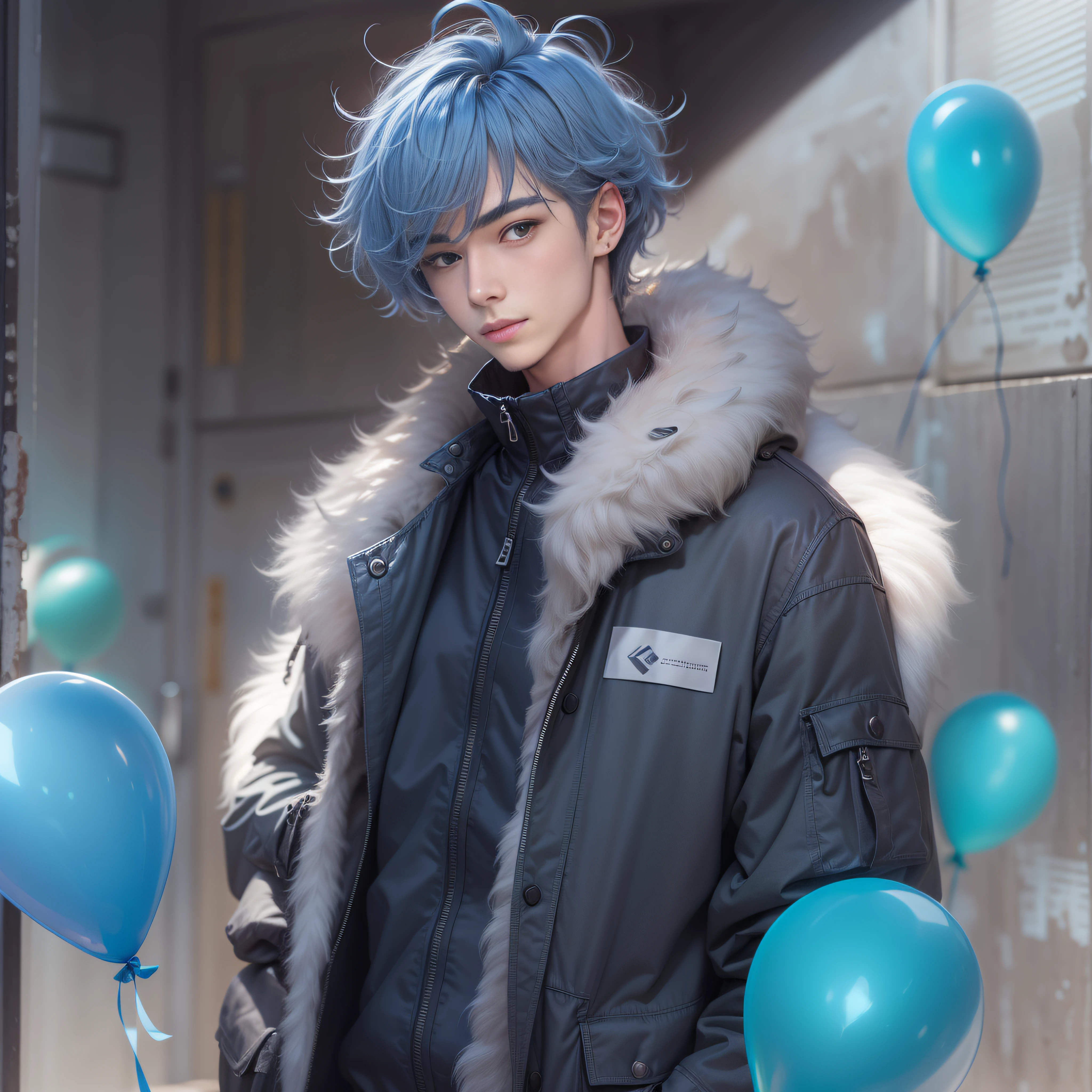 Man in his 20s holding a blue balloon、A slight smil、parka 、Medium Hair、Wave hair、Super cool、twinks、Nice perfect face with soft skin、、8K分辨率、A hyper-realistic、ultra-detailliert、hightquality、