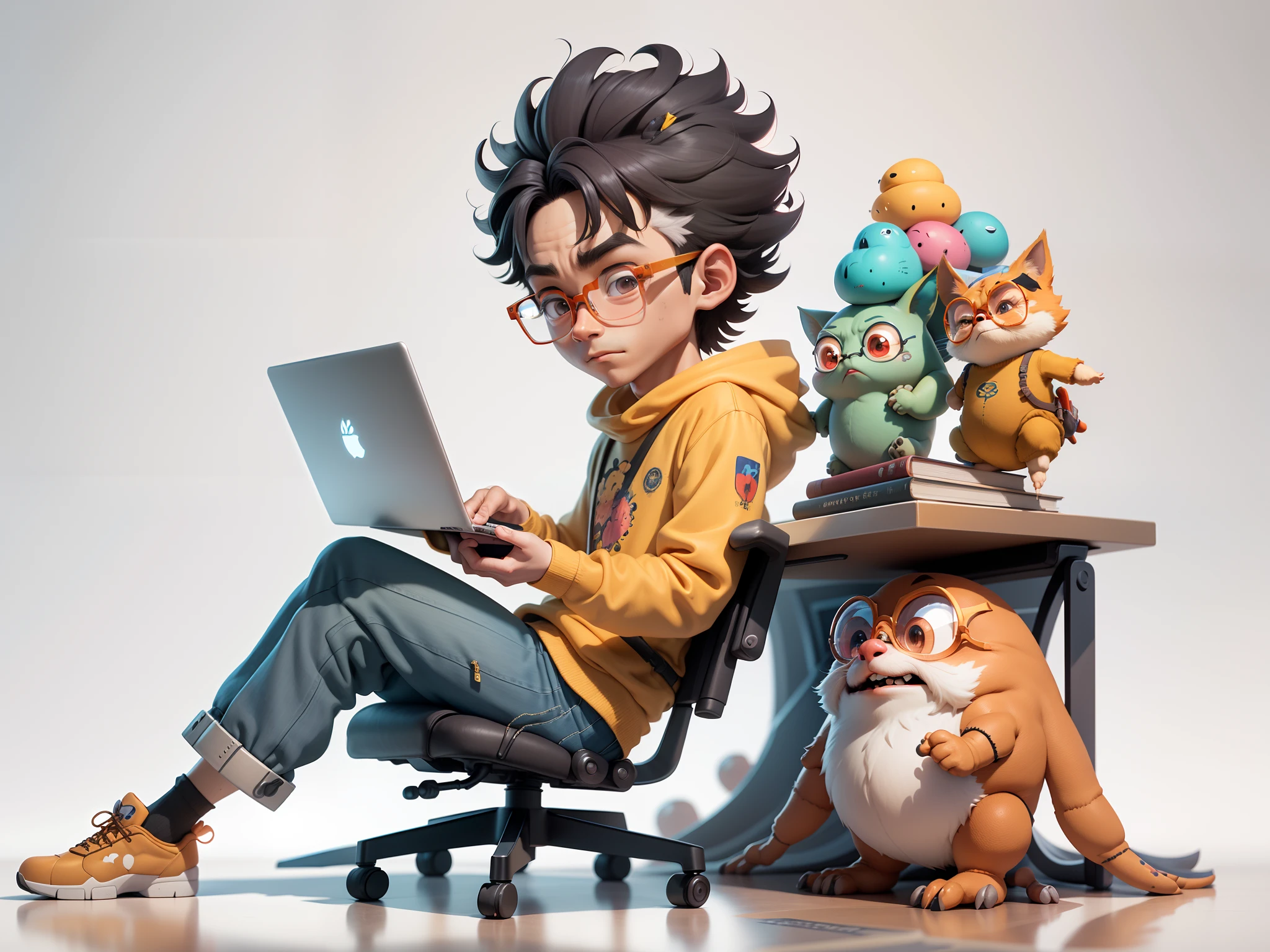 A young man with glasses sits at his desk,holding laptop,digitial painting,3D character design by Mark Clairen and Pixar and Hayao Miyazaki and Akira Toriyama,4K HD illustration,Very detailed facial features and cartoon-style visuals。