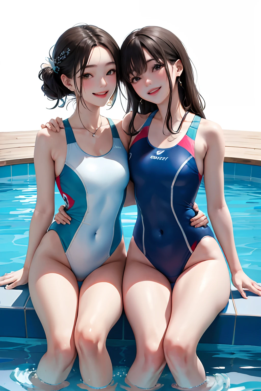 (masuter piece:1.2、top-quality)、(Real Photographics、intricate-detail)、realisticlying、Two real adult women、Wearing competitive swimsuits、embracing each other、Smile、swimming pools