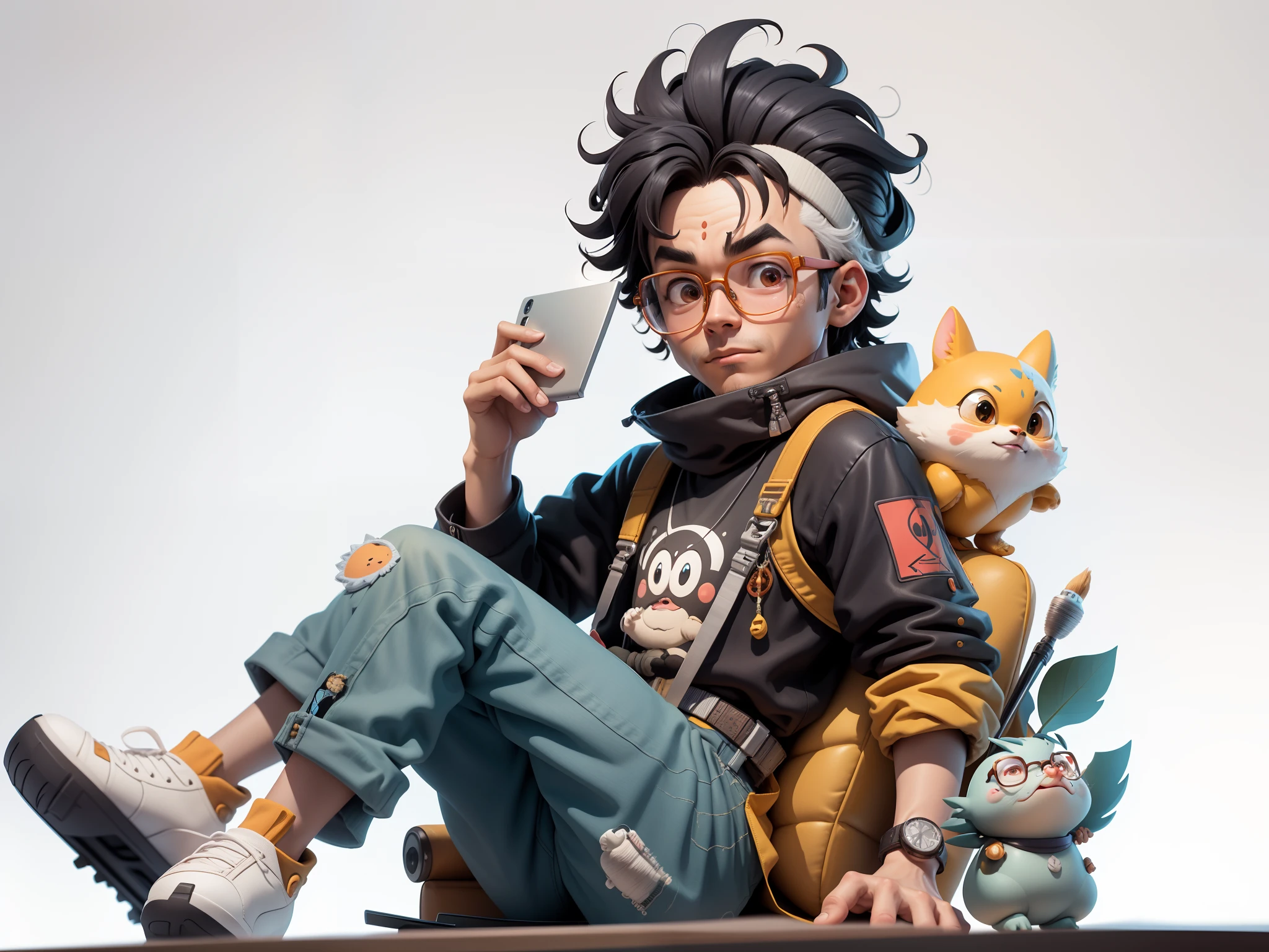 A young man with glasses sits at his desk,holding laptop,digitial painting,3D character design by Mark Clairen and Pixar and Hayao Miyazaki and Akira Toriyama,4K HD illustration,Very detailed facial features and cartoon-style visuals。