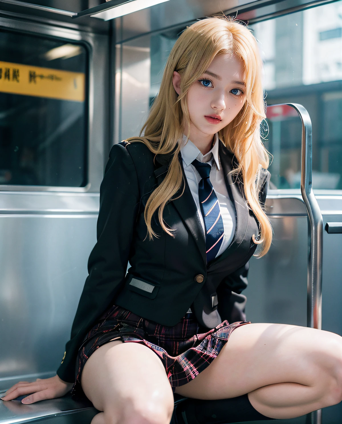 1girl, ((Blue Eyes)), Seductive face, ((Sana Minatozaki)), wide hips, Big Boobs, big ass, (Best Quality, 8k, Masterpiece: 1.3)) ) , Clear Focus: 1.2, Perfect Body Beauty : 1.4, Slender Abs: 1.2, Wet Body: 1.5, Highly detailed face and skin texture, detailed eyes, double eyelids, (long blonde hair), (Blazer uniform brown), (school shirt), (plaid skirt), (tie black), (thigh high cover stockings), squatting, open legs, in train station