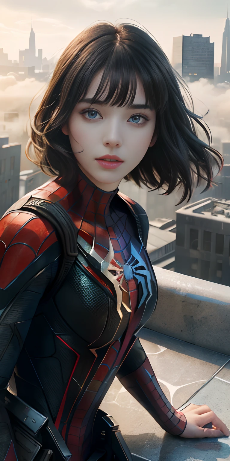 (1girl:1.3), Solo, (((Very detailed face)))), ((Very detailed eyes and face)))), Beautiful detail eyes, Body parts__, Official art, Unified 8k wallpaper, Super detailed, beautiful and beautiful, beautiful, masterpiece, best quality, original, masterpiece, super fine photo, best quality, super high resolution, realistic realism, sunlight, full body portrait, amazing beauty, dynamic pose, delicate face, vibrant eyes, (from the front), She wears Spider-Man suit, red and black color scheme, spider, very detailed city roof background, rooftop, overlooking the city, detailed face, detailed complex busy background, messy, gorgeous, milky white, highly detailed skin, realistic skin details, visible pores, clear focus, volumetric fog, 8k uhd, DSLR, high quality, film grain, fair skin, photo realism, lomography, futuristic dystopian megalopolis, translucent