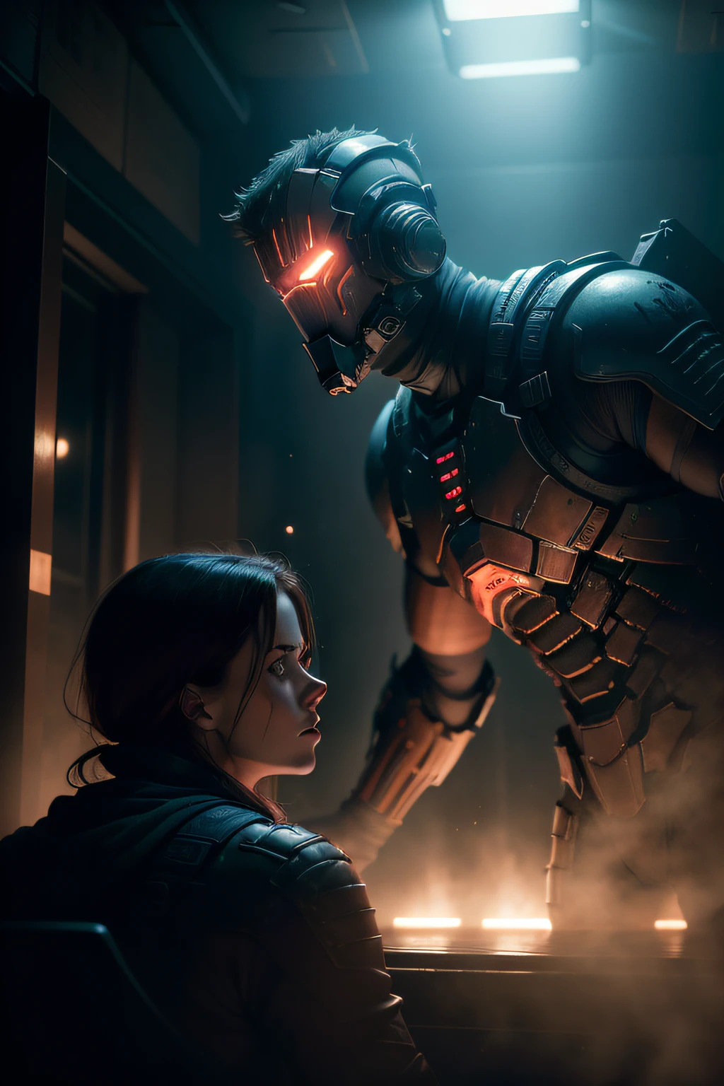 Sci Fi Horror Dead Space Matt Damon and Amy Adams on Ishimura Haunted Ship photography, natural light, photorealism, cinematic rendering, ray tracing, the highest quality, the highest detail, Cinematic, Third-Person View, Blur Effect, Long Exposure, 8K, Ultra-HD, Natural Lighting, Moody Lighting, Cinematic Lighting red spooky lighting