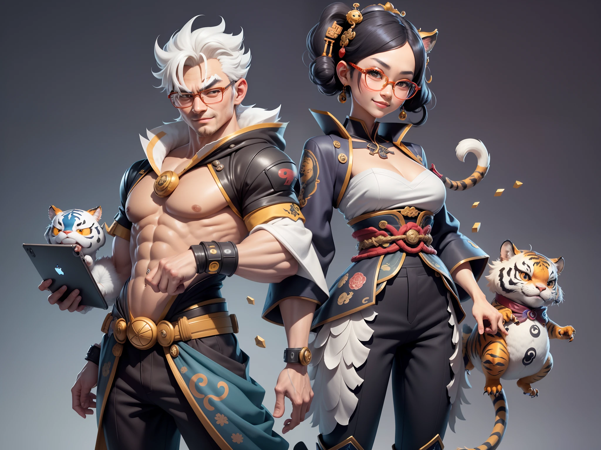 (Masterpiece), (Excellent), (Super Meticulous), (Full Body: 1.2), Super Young Man with Japanese Female Geisha, Pretty, Beautiful, Chinese Dragon, Tiger, Wind God Thor, Sexy, Bursting, Oriental Face, TV Anchor, Bust Portrait Illustration, Black Suit, Blue Tie, Slightly Chubby Face, Silver Glasses, Very Clean Face, No Beard on Chin, Black Super Short Hair, Black Eyes, Confident Smile, 3c Computer Sub-Products, iPad, iPhone, Digital Painting, 3D character design by Mark Clairedon and Pixar and Hayao Miyazaki and Akira Toriyama, the illustrations are HD illustrations in 4K resolution with highly detailed facial features and cartoon-style visuals.
