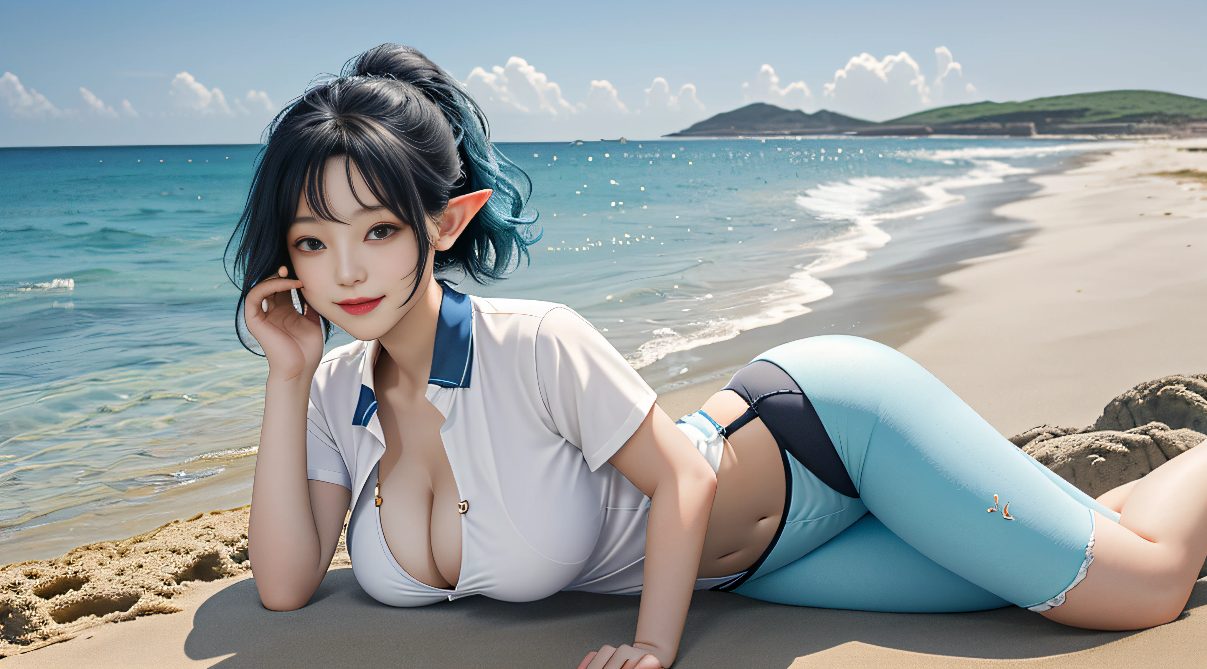 On a summer afternoon,The sun hangs high in the clear blue sky,The sea breeze gently blows over the sandy beach by the sea。Stand under the glow of this natural light,A solo bunny girl unfolds in front of you。
Her glamorous figure wears a close-fitting sailor shirt,It sets off the curves of her plump body。The buttons of the shirt are slightly open,Reveals that deep cleavage,It's heart-racing。The slender legs are wrapped in black leggings,Highlight her sexy curves。The details of the suspenders are embellished with her coquettish atmosphere,It's fascinating。
Her blue hair casually fell on her slanted bangs,The high ponytail exudes an elf-like spirit。The big watery eyes shimmered with vitality and playfulness,Full of mischievous tongue sticking out, people can't help but smile。Rabbit ears stand out in short hair,Added a sense of playfulness。
She stood on the beach,Put your hands behind you,It is as if admiring the magnificence of the sea。The afterglow of the sun fell on her,Reflects her perfect facial features and beautiful smile。A gentle breeze caresses her skin,Clothes flutter in the wind,Outline her charming figure。
This master work is presented in the best possible quality,Higher quality ultra-high resolution,Panoramic views in 8K resolution。This scene description shows the cuteness of the girl,Her beauty and playfulness reflect the summer sun and the sea,Make people yearn。ao mesmo tempo,The sexy and seductive expression of her plump body is also perfectly displayed in the picture,The irresistible allure makes the heart stir。