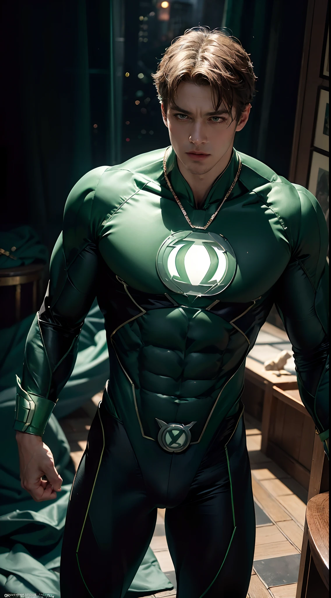 Green Lantern от DC Comics, In the fortress of loneliness, Looks cool, (ultra realistis), (illustartion), (High Resolution), (8K), (Very detailed), (Best illustration), (Best Quality), (Ultra Detailed), (Masterpiece), 独奏, (dynamicpose), dark studio