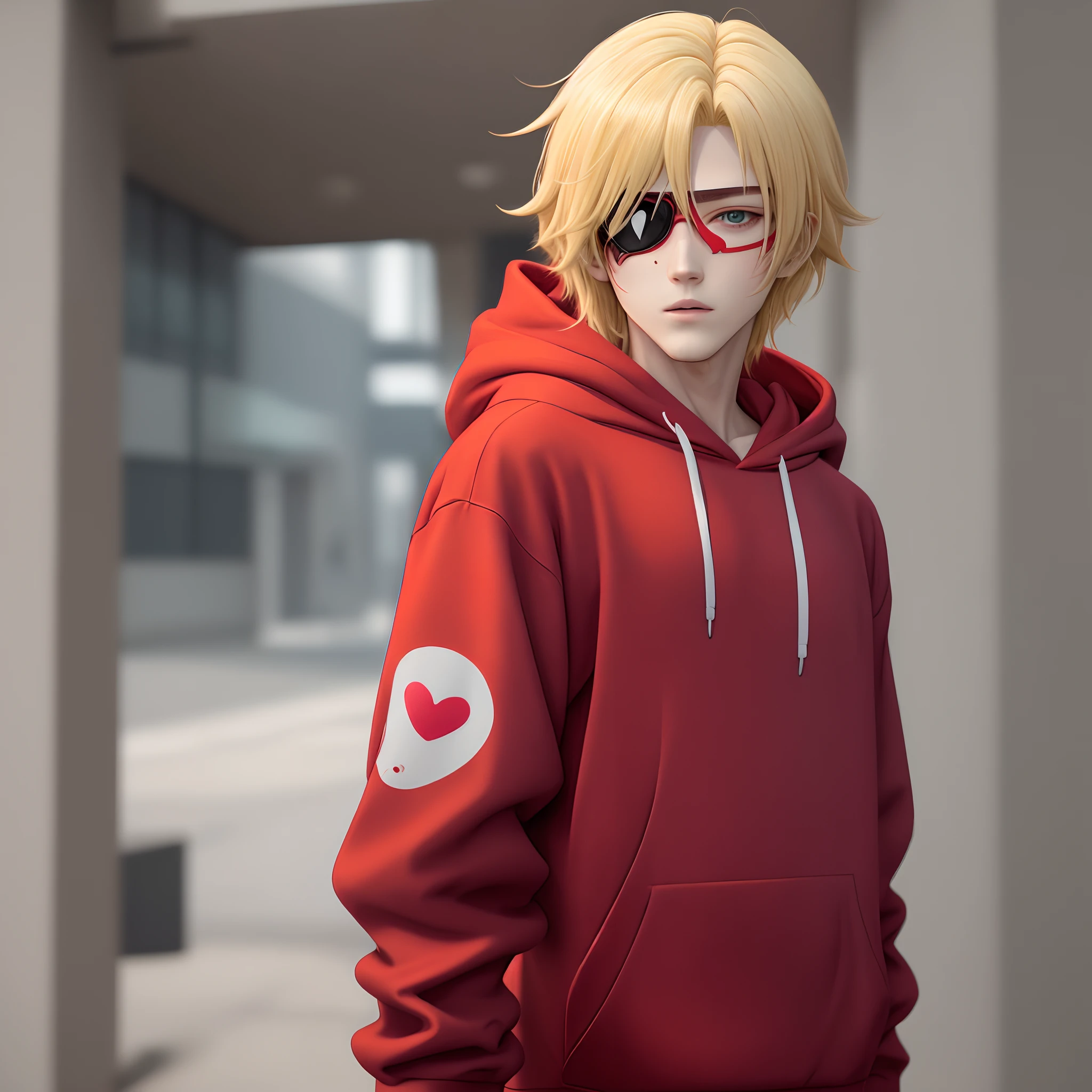A blonde anime character wearing a red hoodie with white edges and an eye patch with a stamped heart, segurando uma foice