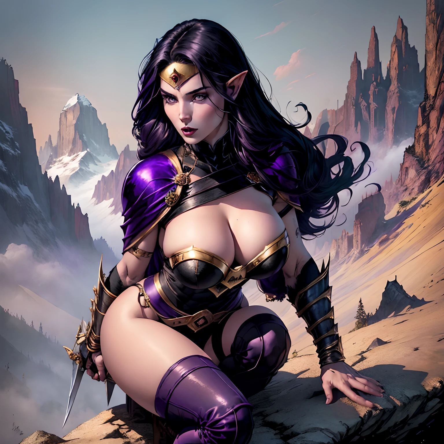 (masterpiece, top quality, best quality, official art, beautiful and aesthetic:1.2), (1girl:1.3), ((long (black) hair)), (((pale purple skin, pale blue skin, blue skin, purple skin))), black makeup, extremely detailed, portrait, looking at viewer, solo, (full body:0.6), detailed background, close up, (cold night mountain theme:1.1), dark elf war dancer, charlatan, smirk, mysterious, swaying in mountains, skimpy attire, revealing gladiatrix costume, gold bikini, cowl, metal bikini, long boots, dual knives, violet fabric, black leather, gigantic breasts, cleavage, skindentation, slim waist, slim hips, long legs, medieval (mountain exterior:1.1) background, dark mysterious lighting, shadows, magical atmosphere, dutch angle, (((Balsamique)))
